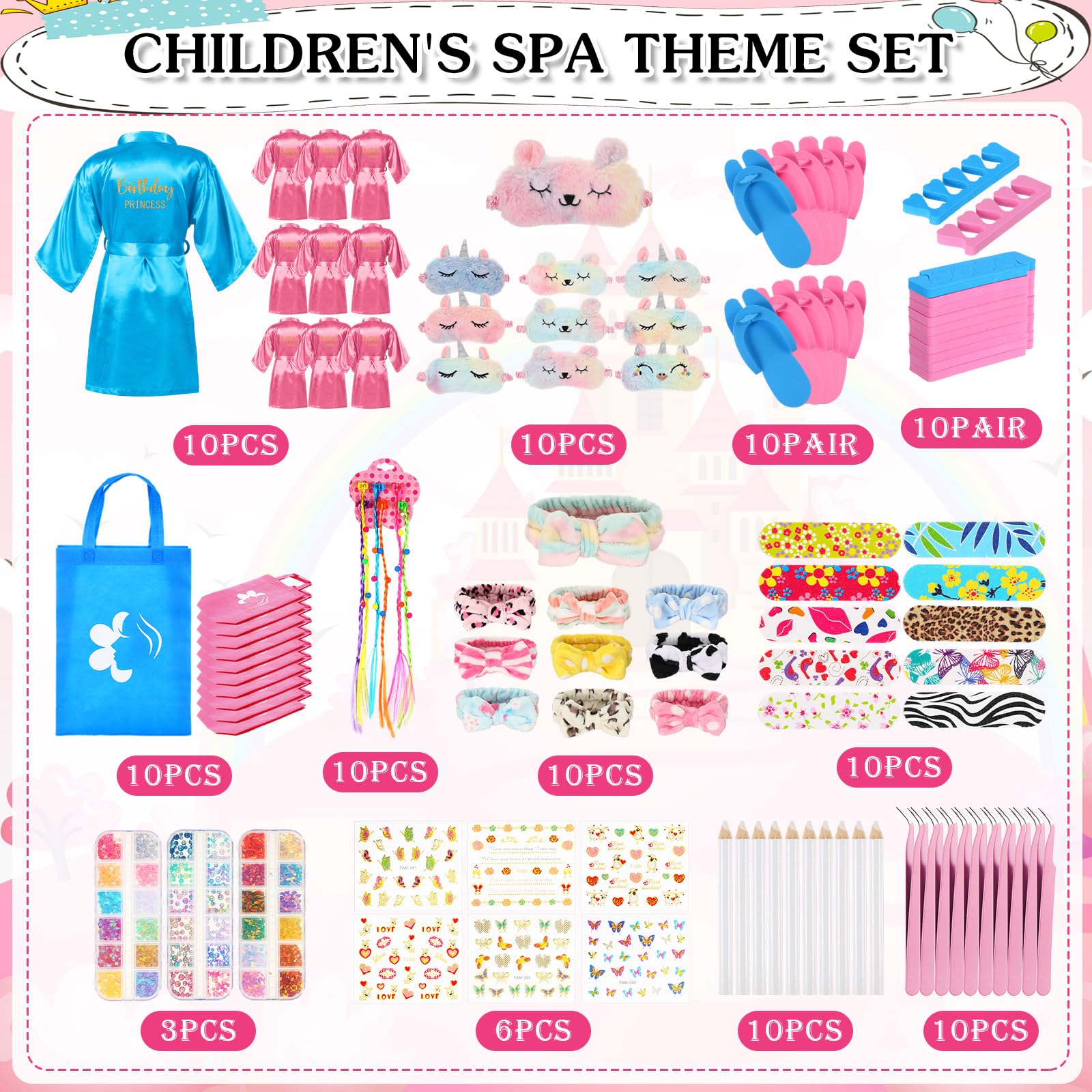 Toulite 10 Sets Girls Spa Birthday Party Supplies - Kids Satin Robes & Nail Salon Kit Accessories for Spa Party Favors | Perfect for Birthday Celebrations, Sleepovers & DIY Home Spa Days