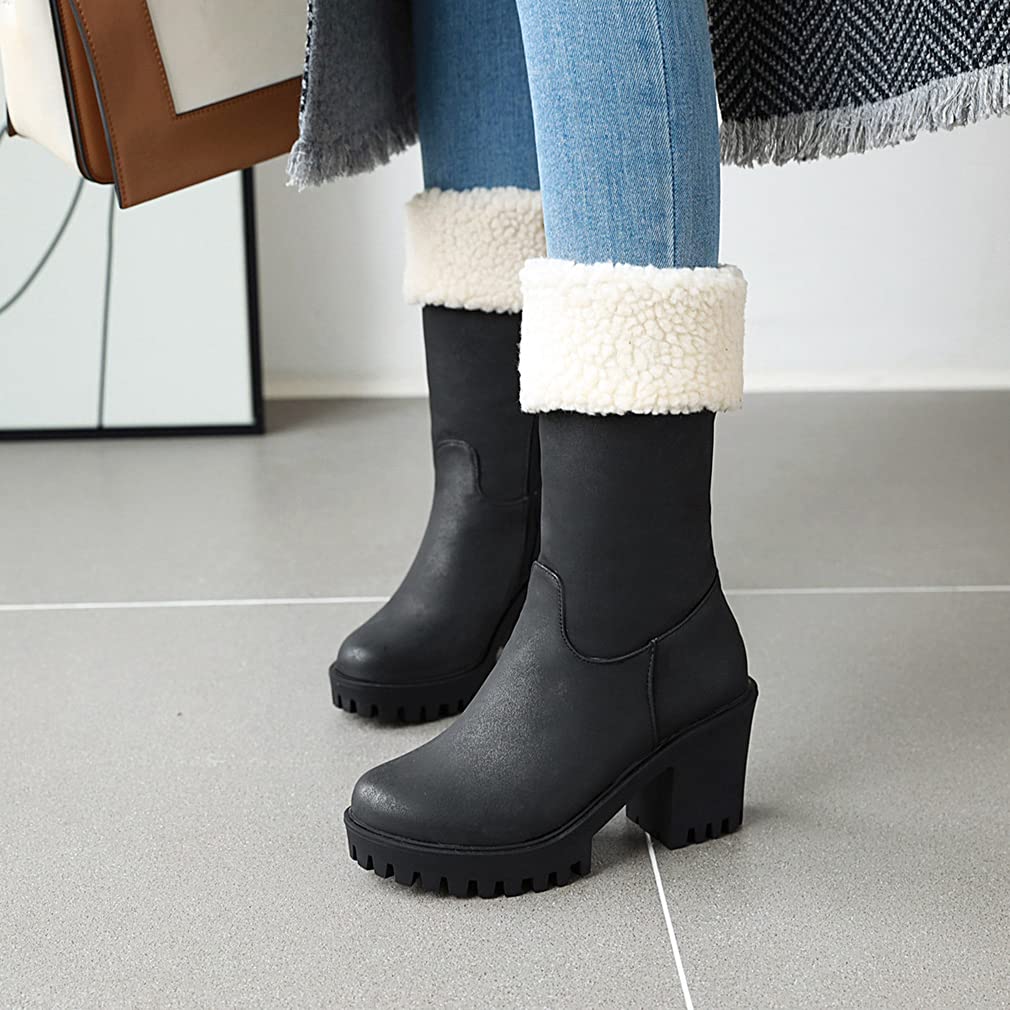 SO SIMPOK Women's Winter Snow Boots with Side Zipper - Warm Ankle Boots Suede Chunky Block Heel Round Toe Faux Fur Lined Mid Calf Boots for Outdoor, Snowy Weather & Casual Winter Fashion