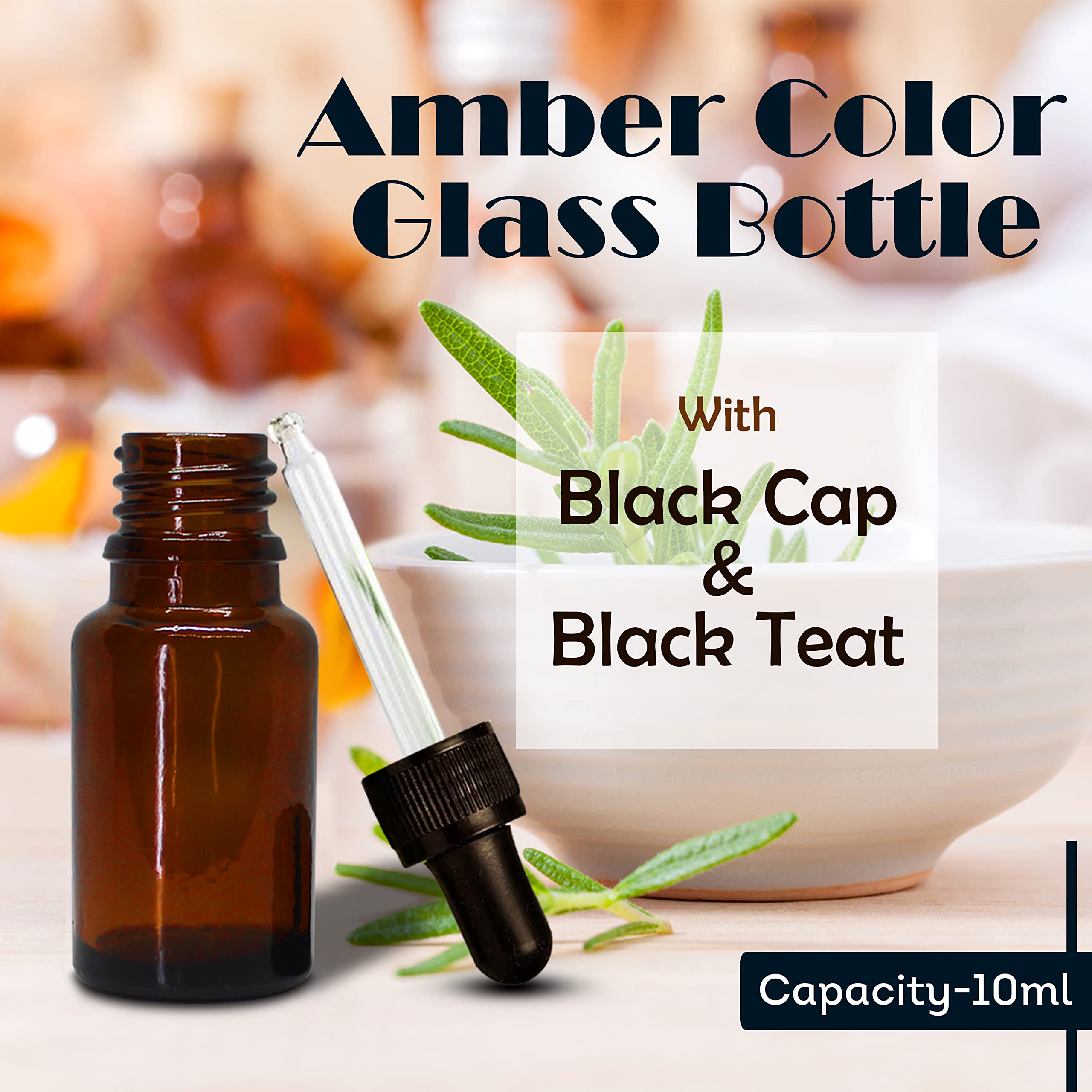 NSB Herbals 10ml Amber Round Empty Glass Bottle with Glass Dropper - Refillable Leak-Proof Essential Oil Bottles for DIY Perfume, Face Oil & Aromatherapy Blends - Includes Black Ring & Silicone Teat (Pack of 6) - Perfect for Travel, Home Spa & Gift Packaging