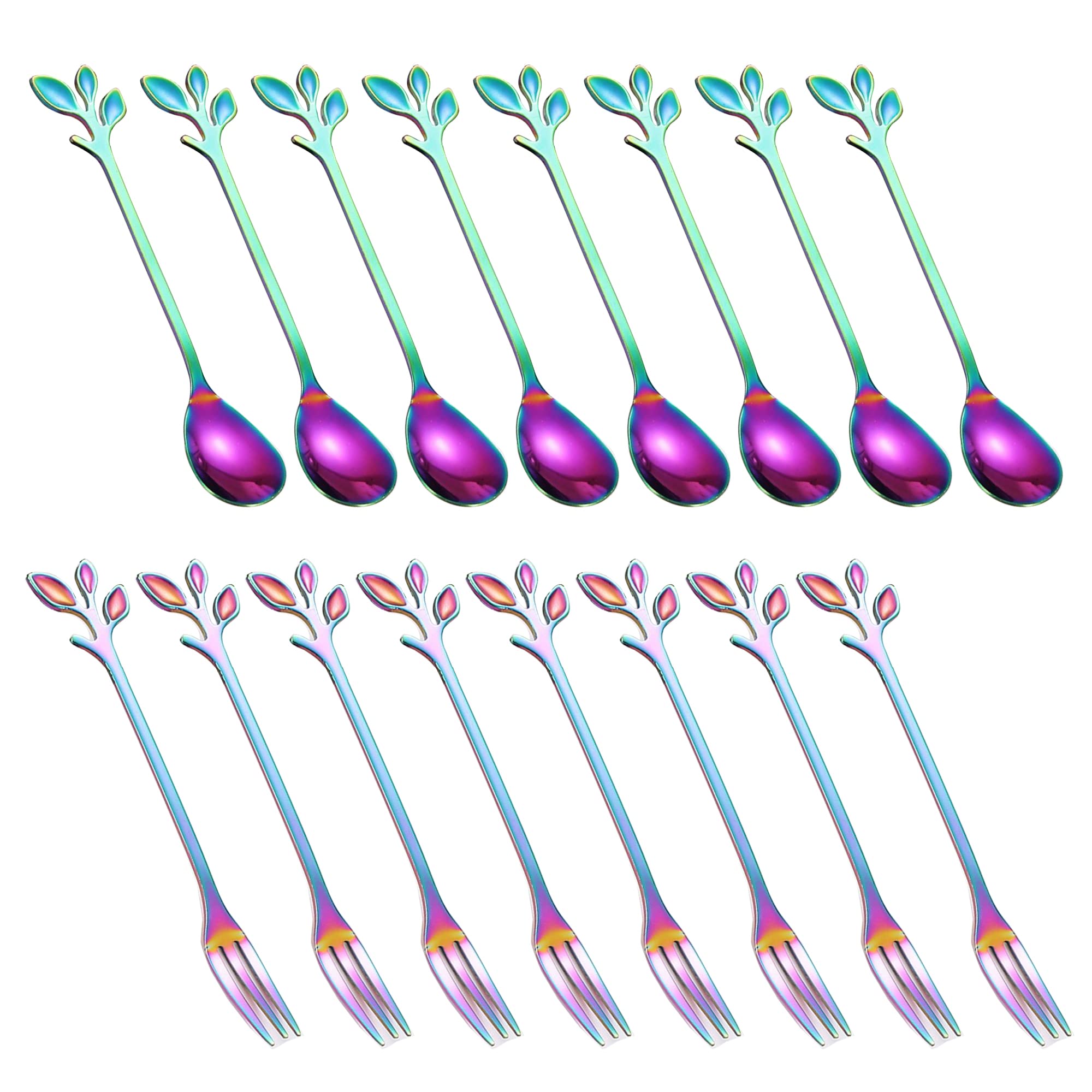 16-Piece Stainless Steel Coffee Spoons & Dessert Forks Set - 8 Rainbow Spoons & 8 Forks for Tea Party, Coffee Break, Dessert Serving & Kitchen Essentials