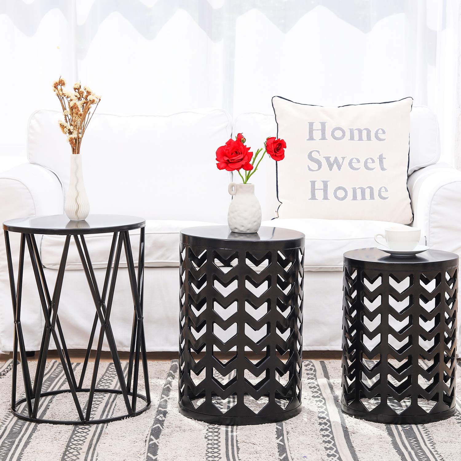 Modern Farmhouse Round Metal Nesting Coffee Tables - Set of 3 Black End Tables for Living Room, Bedroom & Patio | Indoor/Outdoor Side Tables, Nightstands & Plant Stands | Home Decor & Garden Stool (US Shipping)