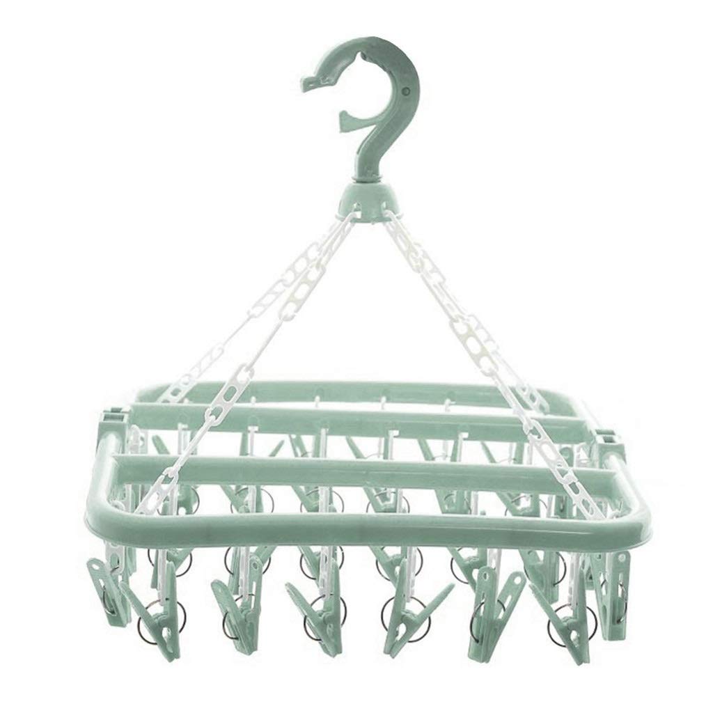 JEONSWOD 32 Clips Folding Socks Clothes Hanger Rack - Space Saving Closet Organizer for Drying Laundry (Blue/Green/Pink) - Perfect for Small Apartments, Dorms & Travel Use