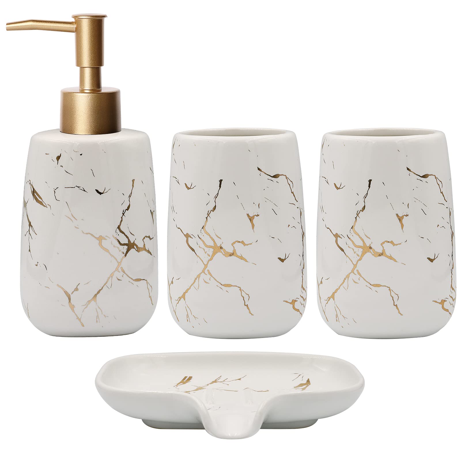 4-Piece Creative Golden White Ceramic Bathroom Accessory Set - Includes Soap Dispenser, Toothbrush Holder, Tumblers & Soap Dish | Elegant Ceramic White Finish | Perfect for Modern Bathrooms, Guest Suites & Spa-Style Decor