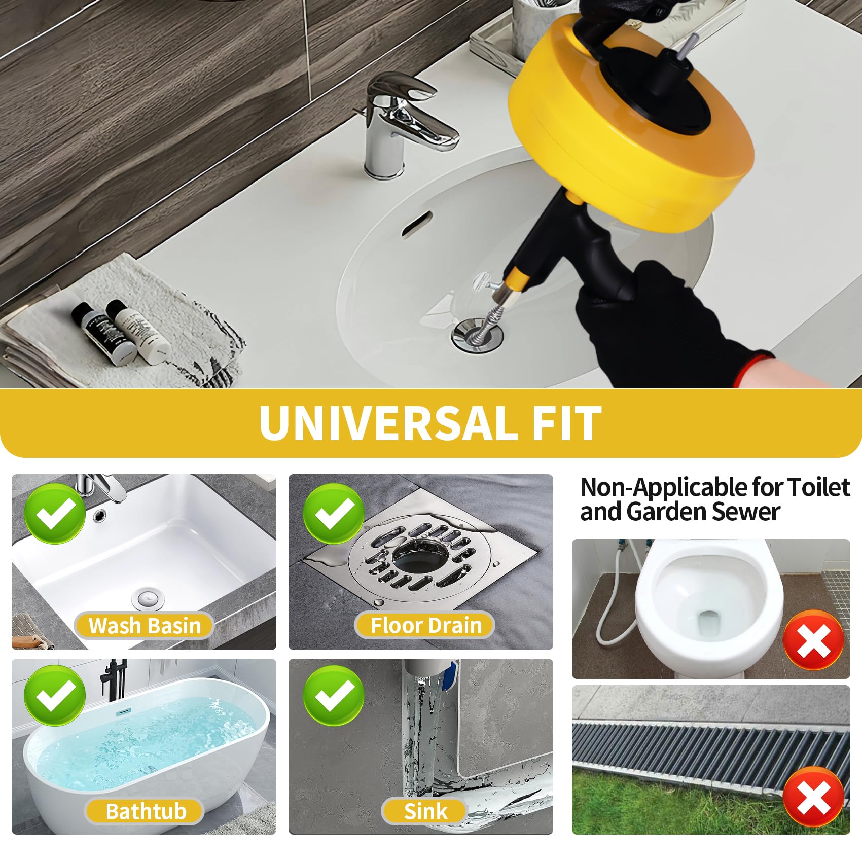 50 Ft Drain Snake Clog Remover - Heavy Duty Plumbing Snake for Sink & Shower Drain with Drill Attachment - Manual or Power Use - Includes Gloves & Storage Bag (1/4 Inch, Yellow) - Perfect for Kitchen Sink, Bathroom Drain & Tub Clog Removal