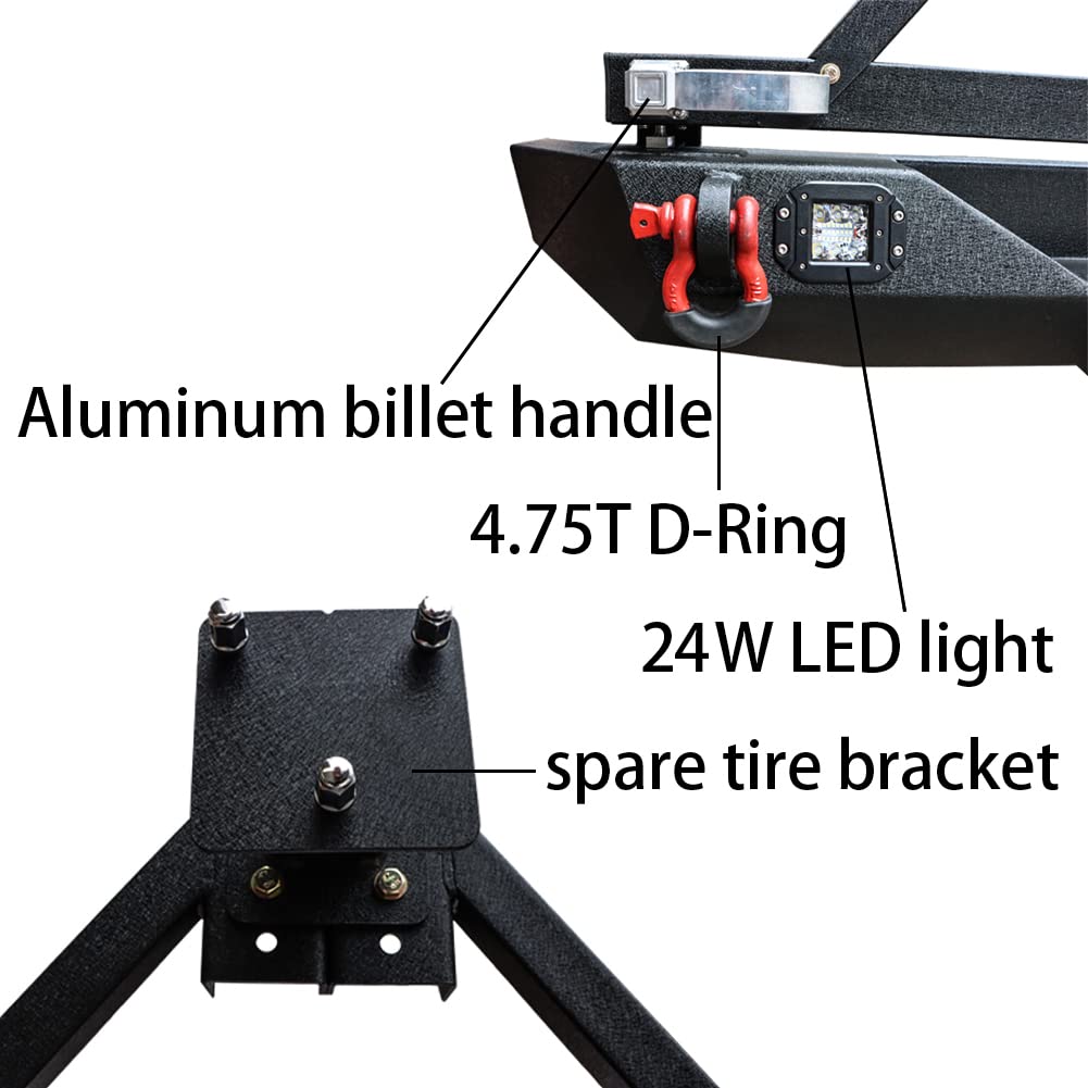 VIJAY Front & Rear Bumper Set for 2007-2017 Jeep Wrangler JK/JKU - Winch Plate, 6x24W LED Lights, 4x4.75T D-Rings, Hitch Receiver & Spare Tire Rack - Off-Road Adventure & Heavy-Duty Protection