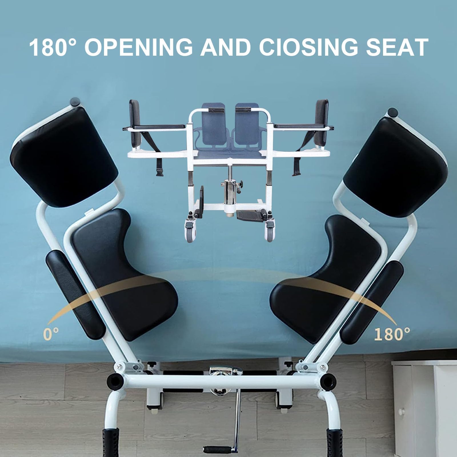**Lightweight Folding Transfer Wheelchair & Adjustable Height Hydraulic Patient Lift Chair - Rolling Shower Chair for Elderly & Disabled - Home Mobility Aid (Blue) | Ideal for Bathroom, Bedroom & Indoor Use**