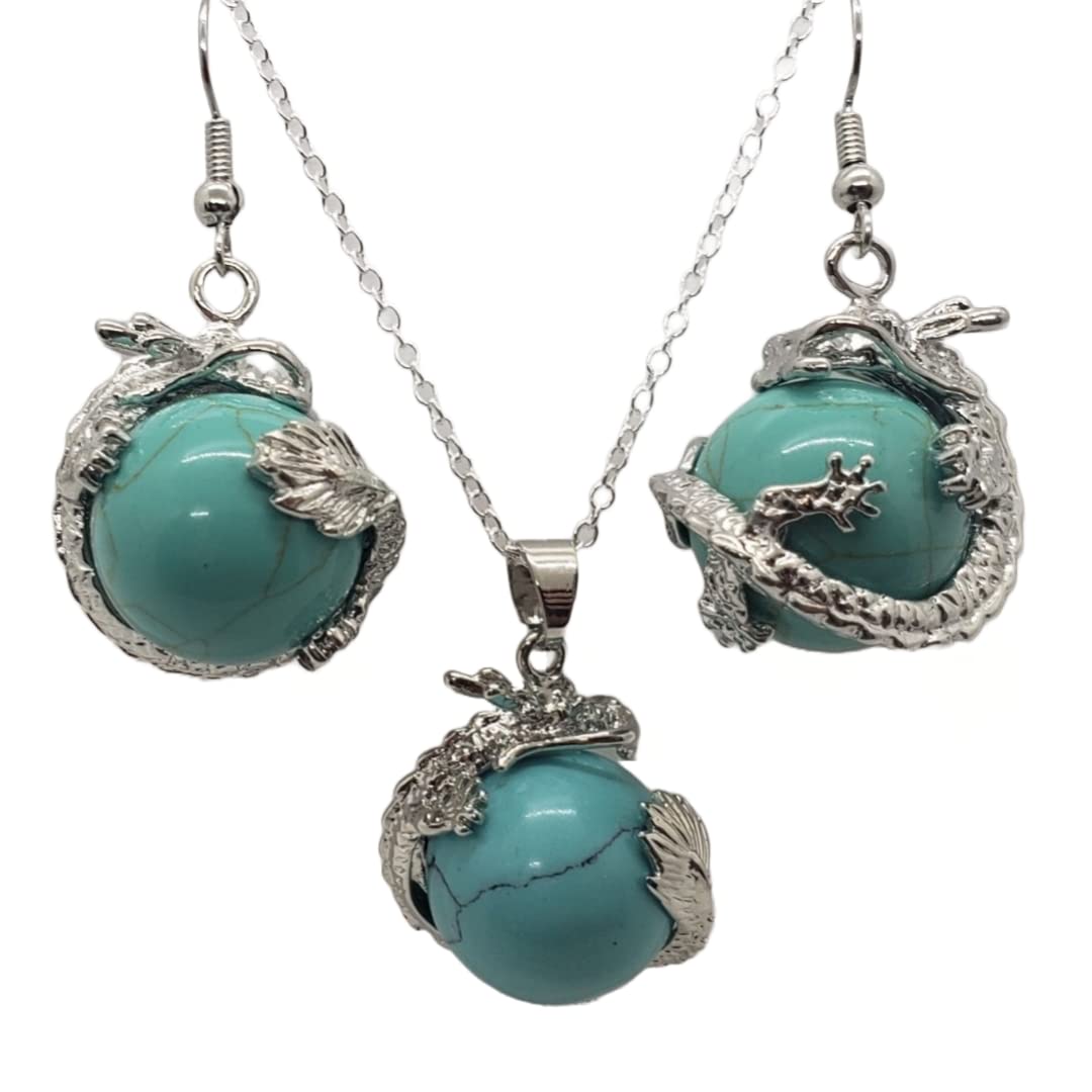 Exquisite Turquoise and Silver Dragon Earring & Necklace Set for Women – Boho Chic Jewelry for Parties, Weddings, and Everyday Wear