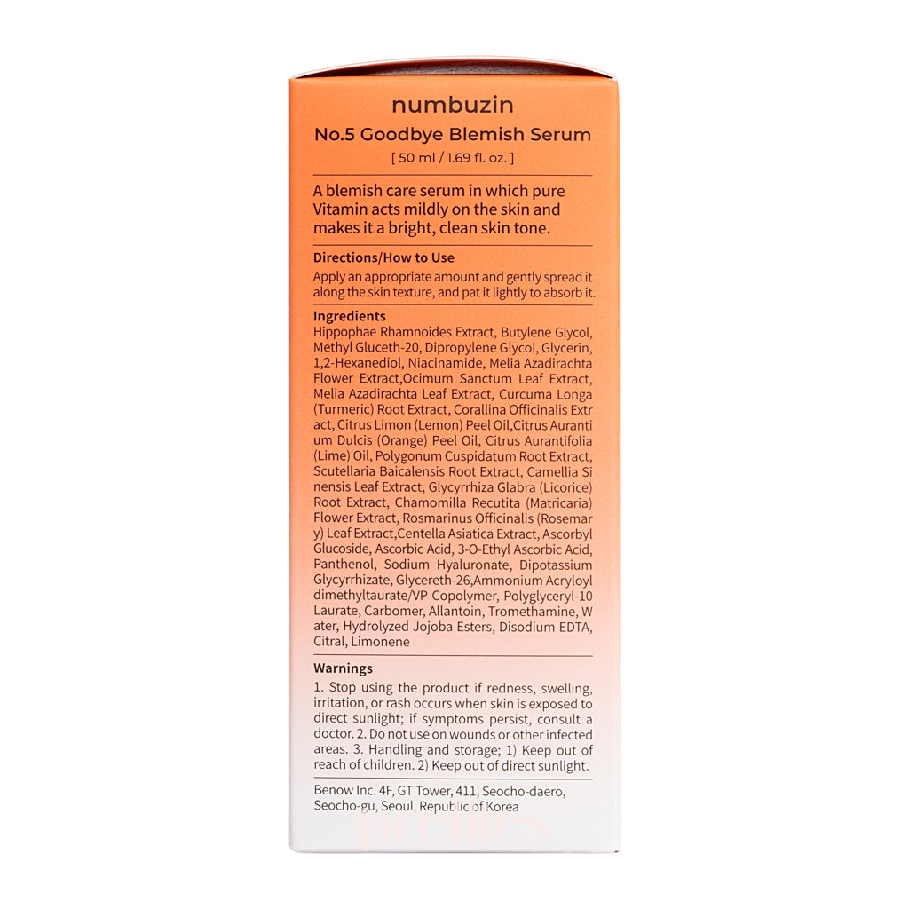 Numbuzin No.5 Goodbye Blemish Serum 50ml - Korean Acne Treatment for Clear Skin | Perfect for Nighttime Skincare Routine & Blemish-Prone Skin