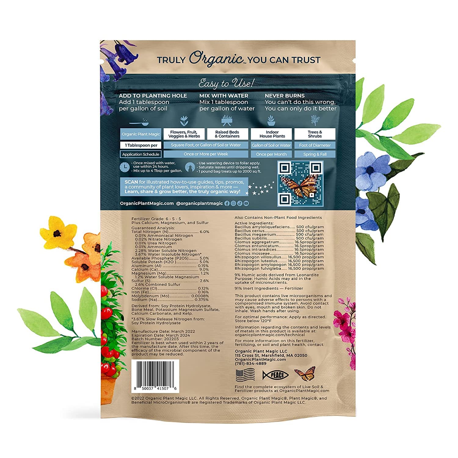 Organic Plant Magic - Truly Organic™ Fast-Acting Soluble Plant Food: All-Purpose Fertilizer Concentrate for Flowers, Vegetables, Herbs, Fruits, Trees & Shrubs - Ideal for Container Gardens, Houseplants & Indoor/Outdoor Use [Two 1 lb Bags] - Perfect for Boosting Growth in Home Gardens, Greenhouses & Urban Farming