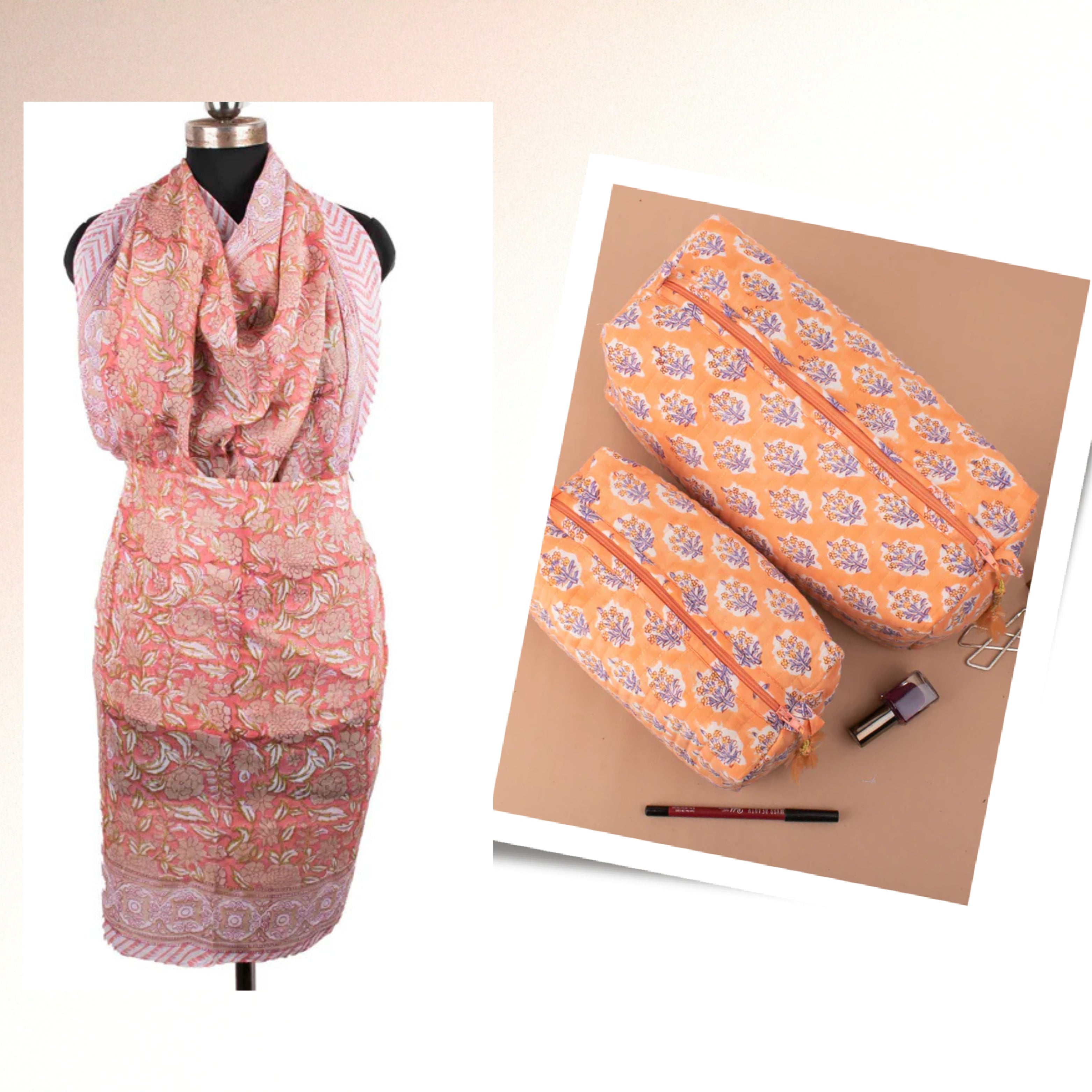 Stylish Makeup Organizer & Sarong Duo Set - Printed Cotton Pareo Wrap & Cosmetic Storage Bag - Perfect for Beach Vacations & Travel Essentials