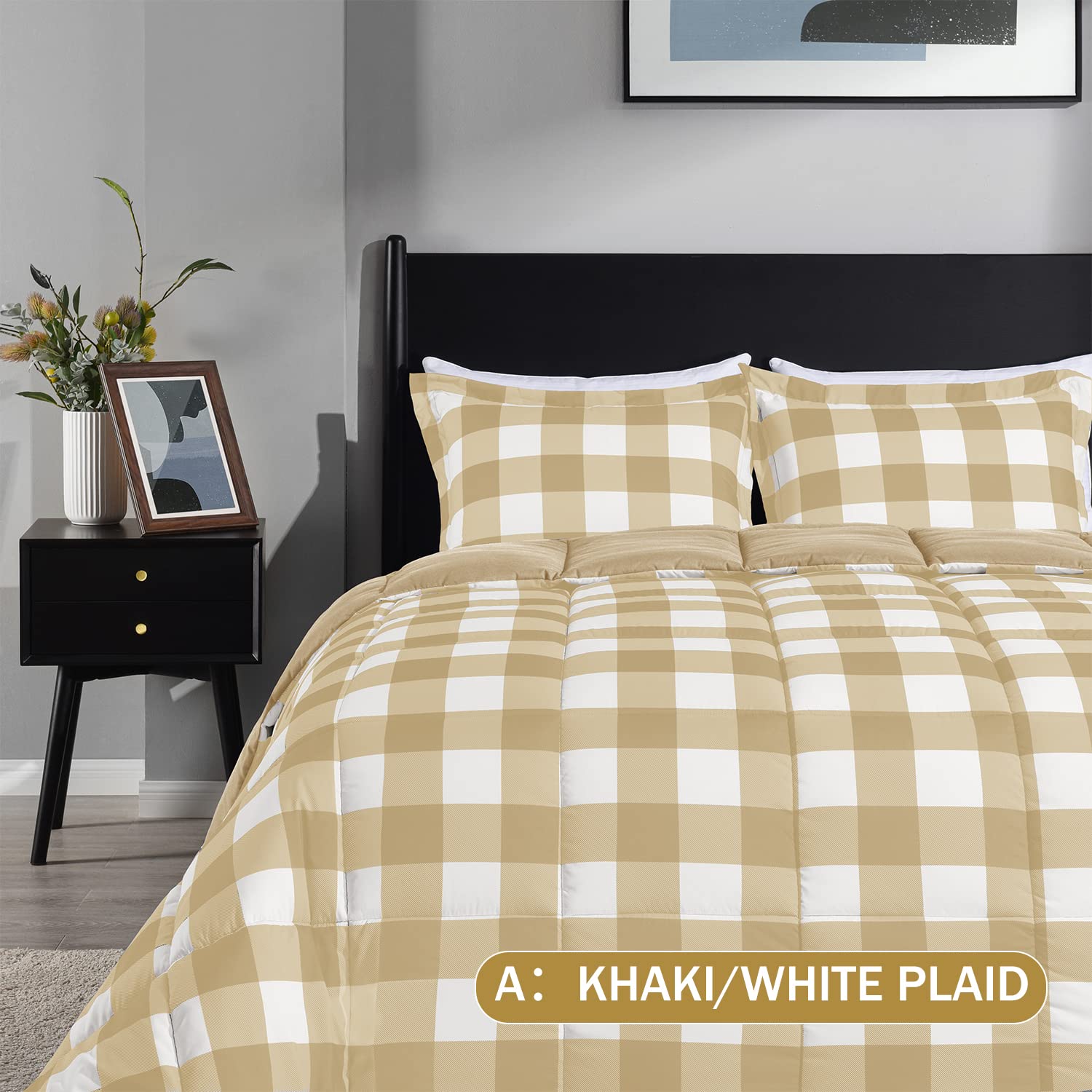 Downluxe Lightweight Plaid Comforter Set Queen Size - 3 Piece Reversible Down Alternative Bedding with 2 Pillow Shams - Khaki White Plaid Pattern - Soft Breathable All Season Comforter for Cozy Bedroom Decor