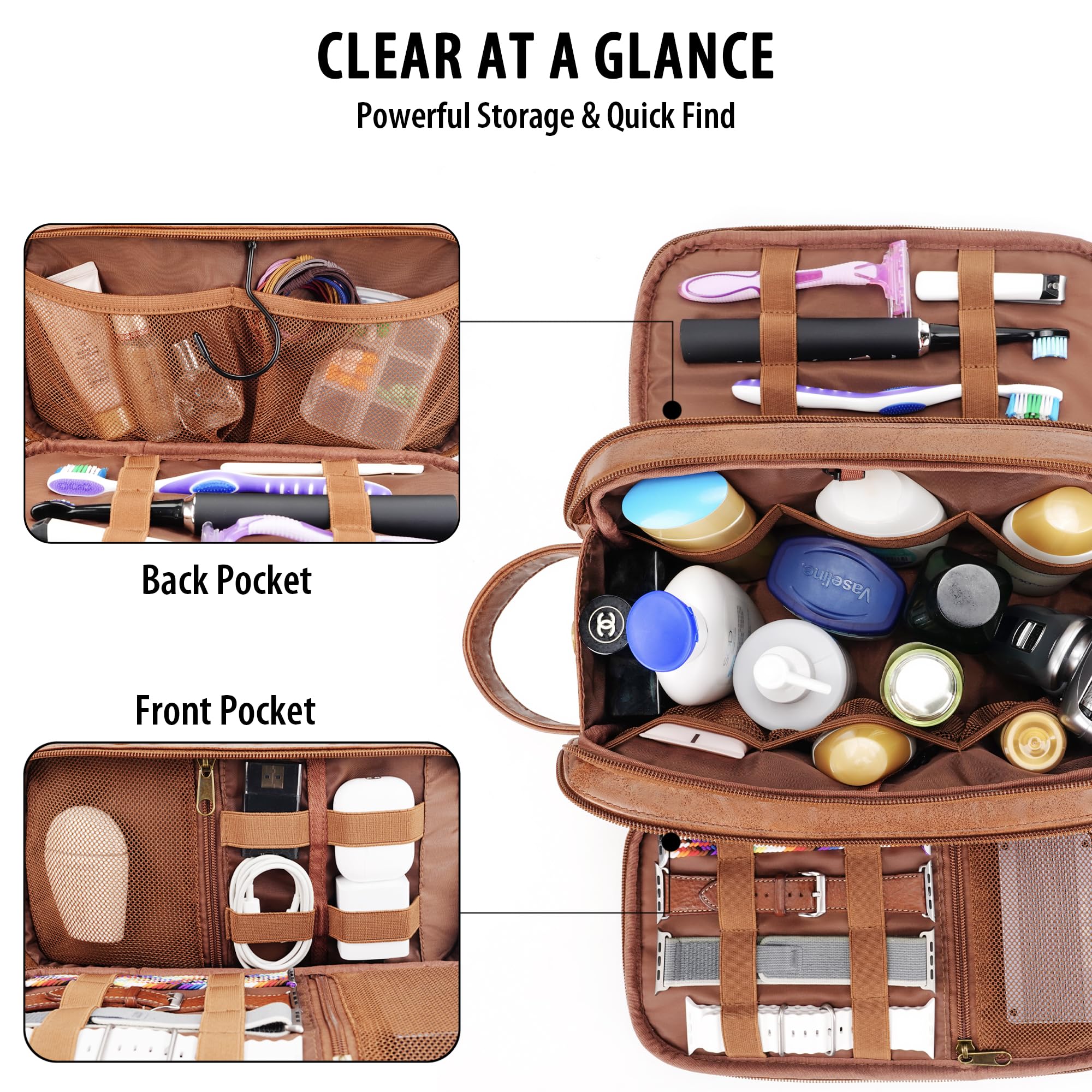 **Premium Travel Toiletry Bag for Men & Women – Large Hanging Organizer, Water-Resistant PU Leather Shaving & Makeup Case – Cruise Ship Essentials, Dopp Kit (Brown) – Perfect for Vacations, Business Trips & Gym Use**