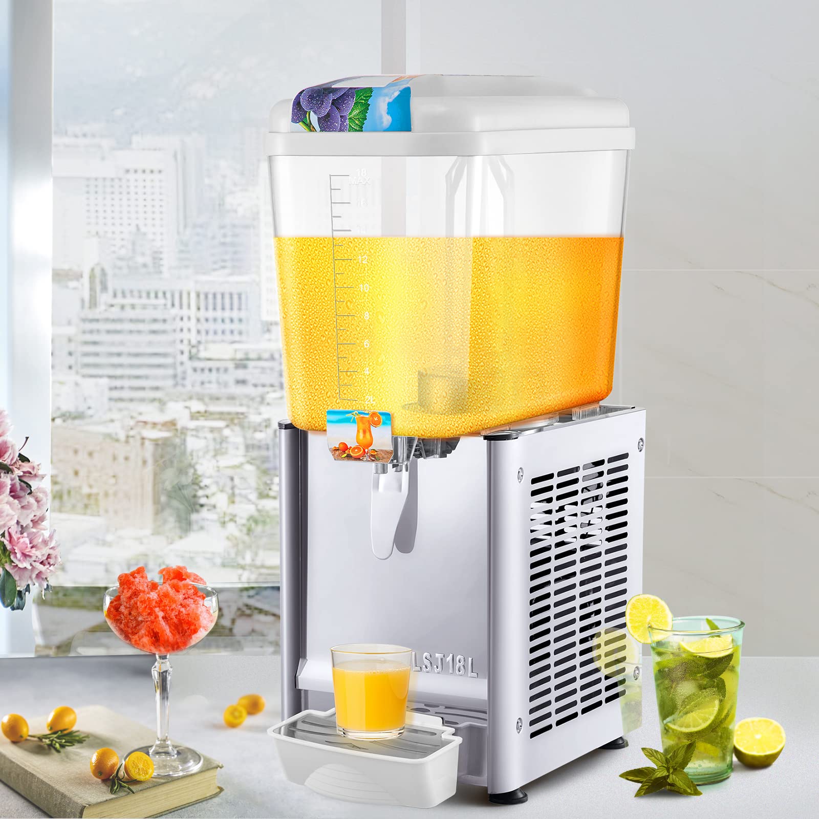 VEVOR 110V Commercial Beverage Dispenser, 4.8 Gallon (18L) Stainless Steel Juice & Iced Tea Dispenser with Thermostat Control - 200W Food-Grade Drink Dispenser for Restaurants, Cafes, and Catering Events