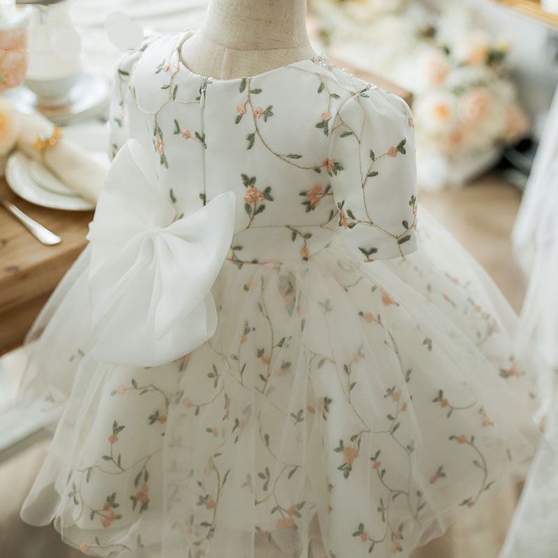 Elegant White Yarn Princess Dress with Floral Embroidery - Perfect for Birthday Parties, Pageants & Special Occasions