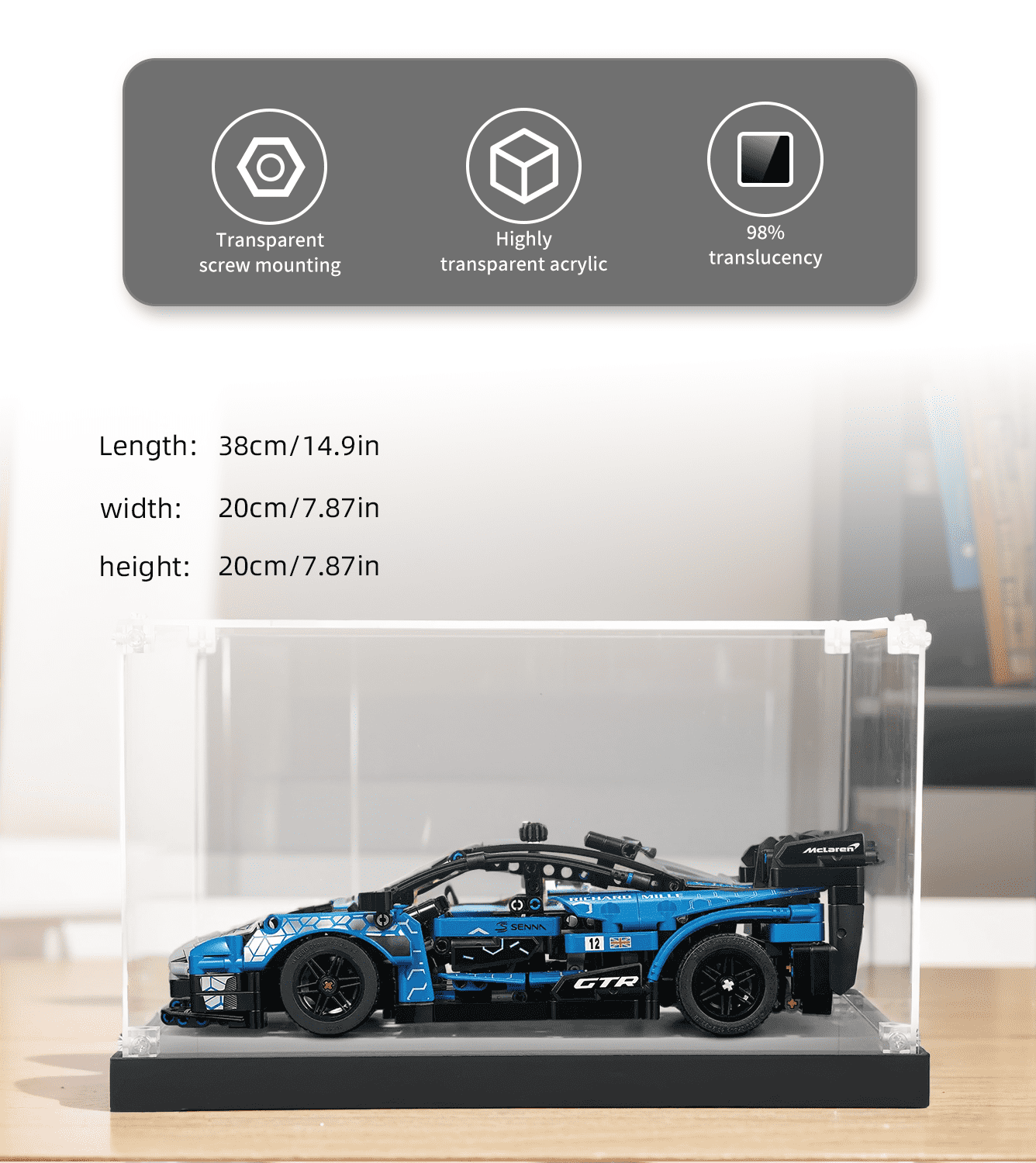 Lego Technic McLaren Senna GTR 42123 Display Case - Clear Acrylic Showcase for Car Model Collection & Home Office Decor