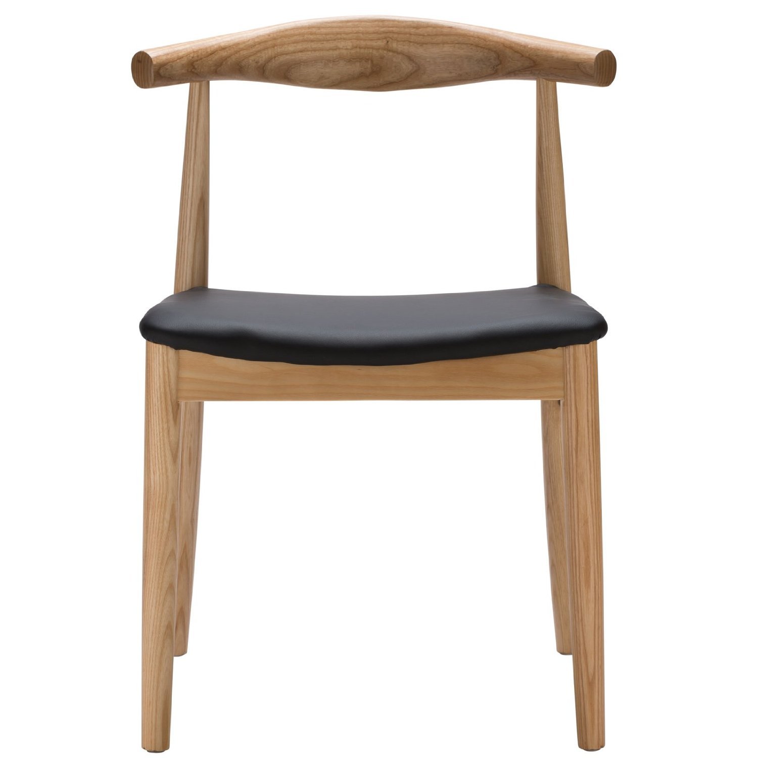 Modern Hans Wegner Style Elbow Dining Chair - Black Faux Leather Seat with Natural Ash Wood Frame - PU Cushion - Perfect for Kitchen, Dining Room & Office (Set of 1)
