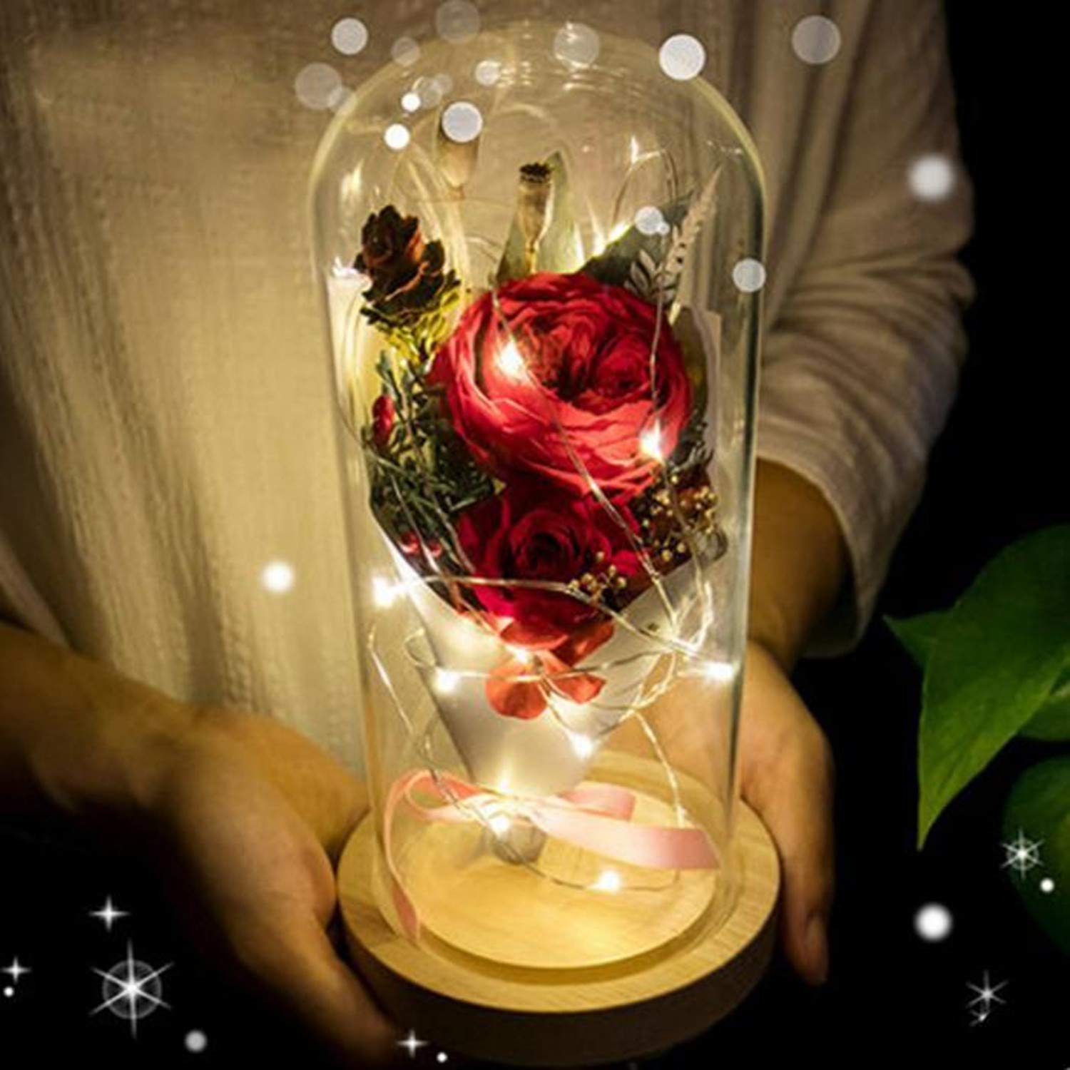 Enchanted Beauty and The Beast Rose - Silk Flower in Glass Dome with LED String Lights, Battery Powered Red Rose for Valentine's Day, Birthday & Romantic Gifts | Perfect for Home Decor, Wedding Centerpieces & Disney-Themed Parties