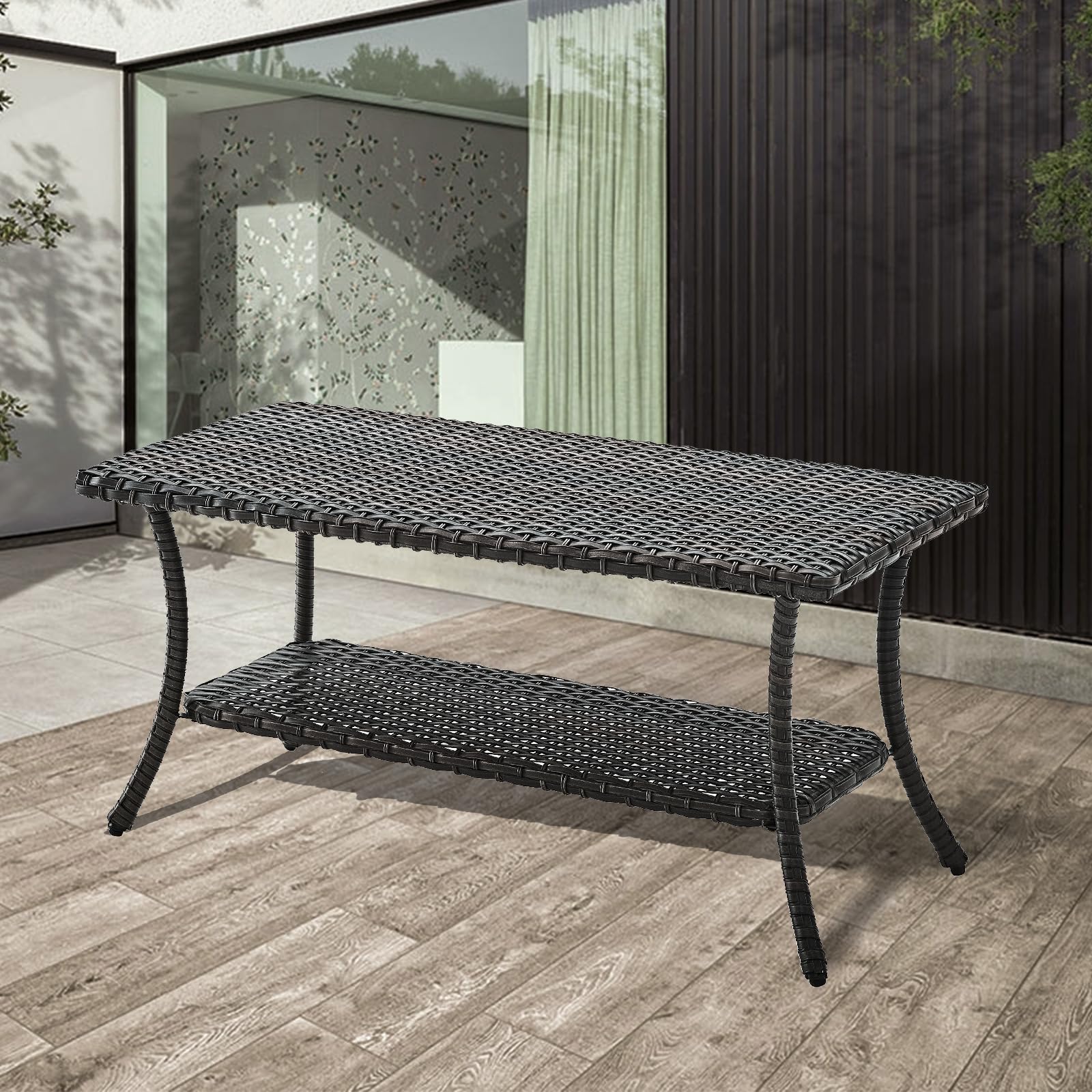 2-Tier Rattan Wicker Coffee Table with Storage Shelf - 42 x 19.5 x 23.5 Inches Brown Rectangular Patio Side Table - Perfect for Living Room, Balcony, and Outdoor Spaces