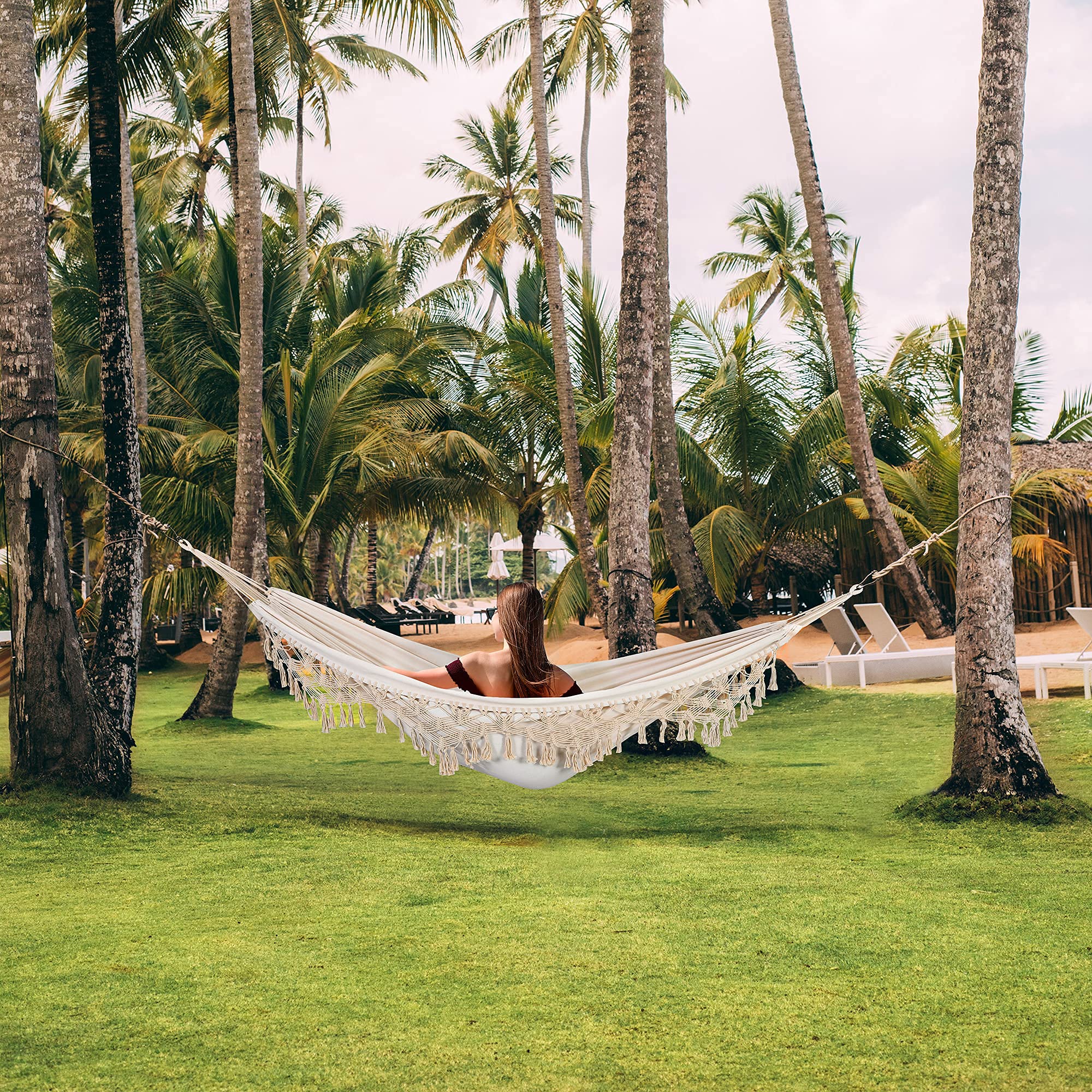 Boho Double Hammock for 2 Persons - 500lbs Capacity Macrame Fringe Cotton Rope Swing with Tassels & Travel Bag - Indoor Outdoor Hanging Chair for Bedroom, Porch, Garden, Patio, Backyard & Camping (White)