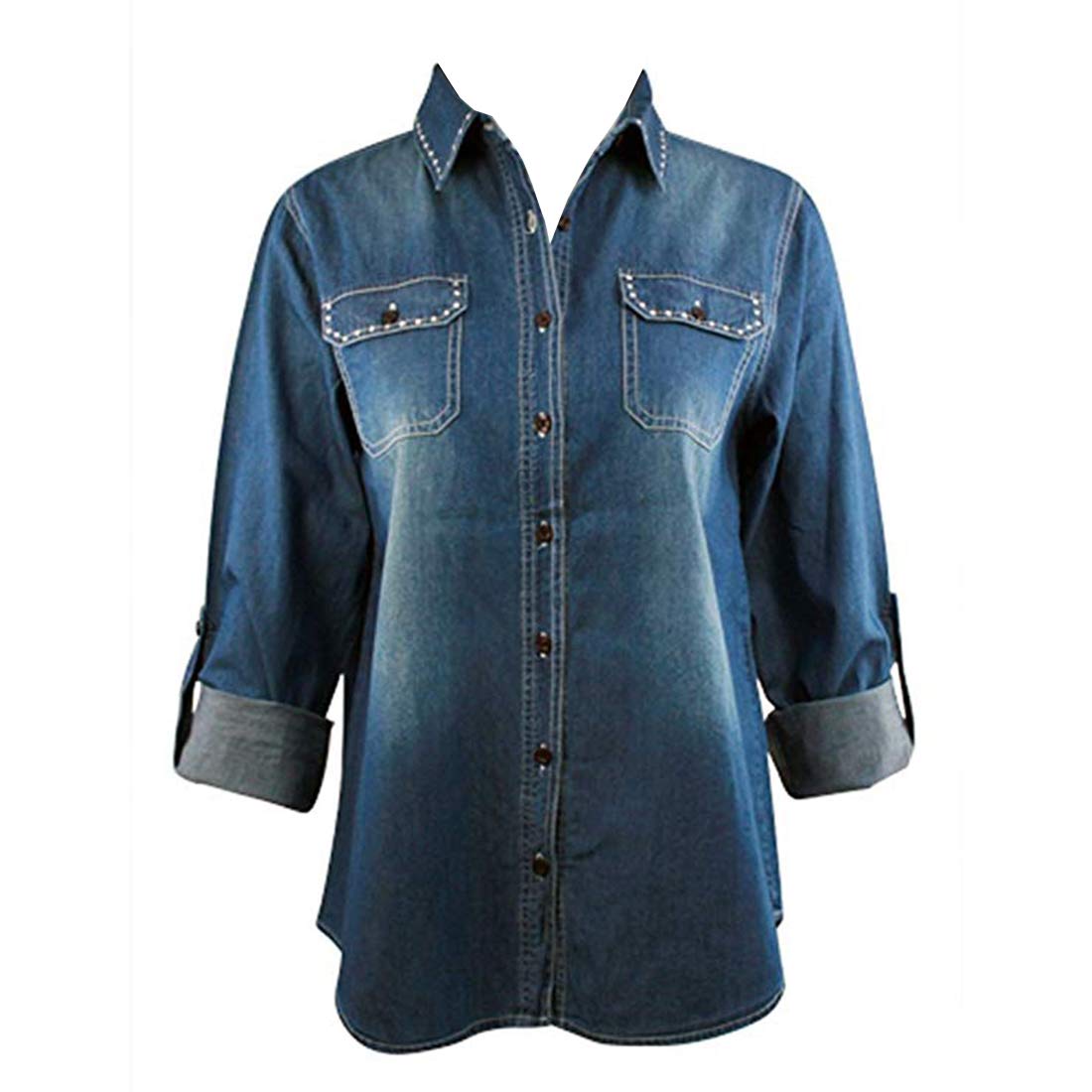Christine Alexander Denim Shirt with Swarovski Crystals - Elegant Rhinestone Embellished Top for Women | Perfect for Parties, Date Nights & Special Occasions