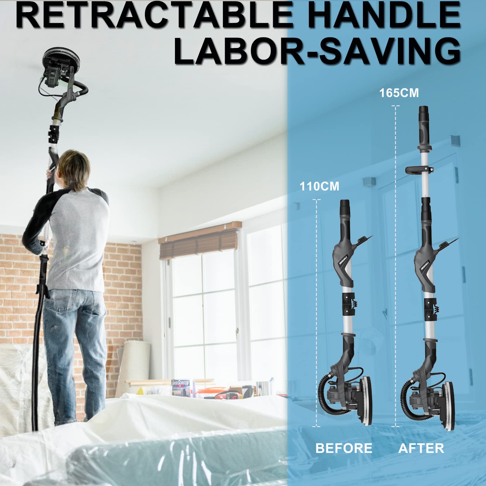 IMQUALI® 9.5A Electric Drywall Sander with Vacuum - Variable Speed 600-2600RPM, Extendable Handle, LED Light & 12 Sanding Discs - Perfect for Popcorn Ceiling Removal, Wall Smoothing & DIY Home Renovation Projects