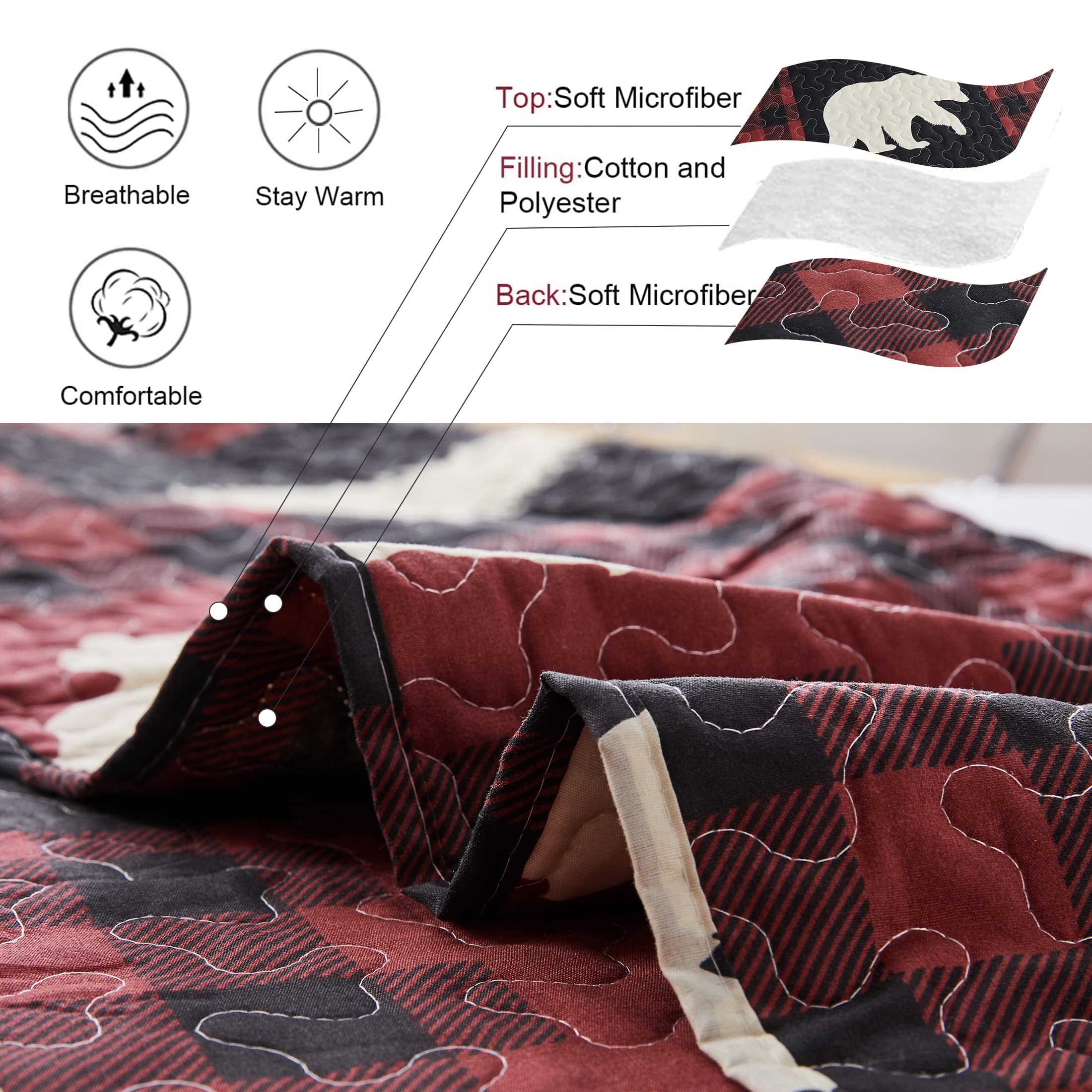 Rustic Buffalo Plaid Quilt Set - Twin Size Red & Black Lodge Bedspread, Lightweight Reversible Coverlet with Forest Moose Bear Design | Perfect for Cabin, Country Home, or Lodge Bedroom Decor