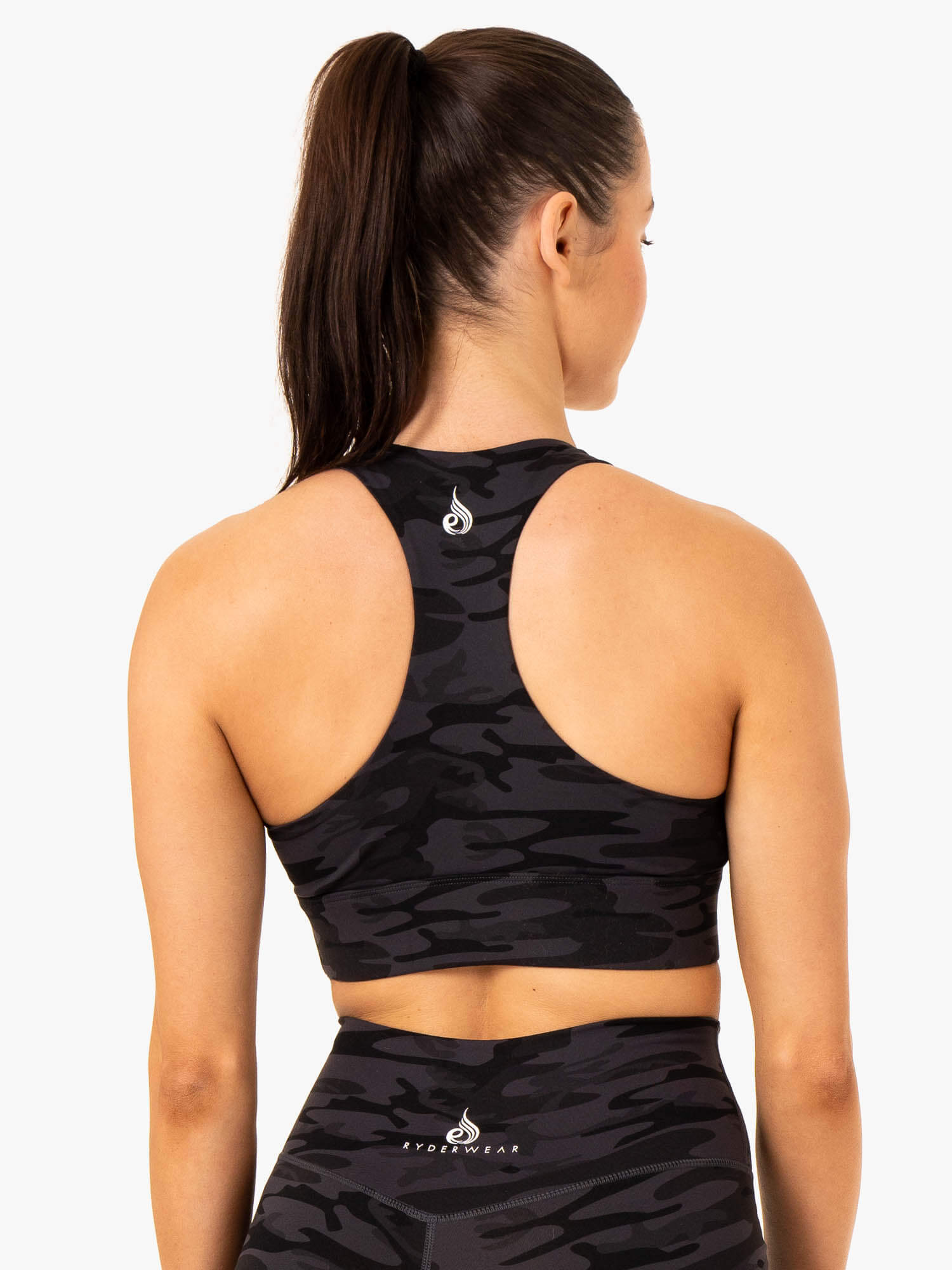 High Support Racerback Sports Bra - Black Camo Print for Women - Perfect for Running, Yoga & Gym Workouts
