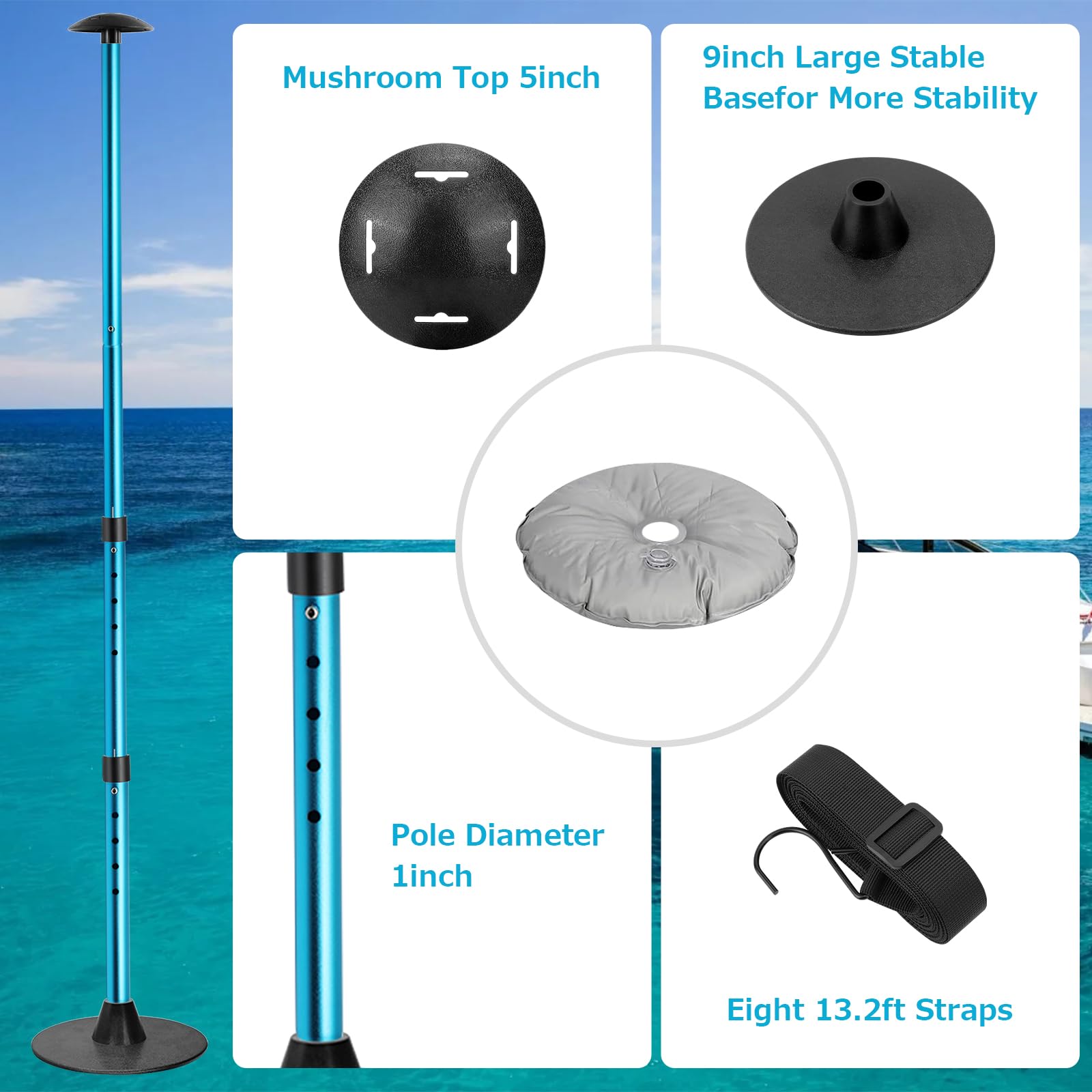 Adjustable Boat Cover Support Poles System - 2PC Blue Pontoon Cover Support with 8 Straps & 2 Water Bags for Jon Boat, V Hull, Pontoon | Rain & Snow Protection, Outdoor Storage, Marine Use