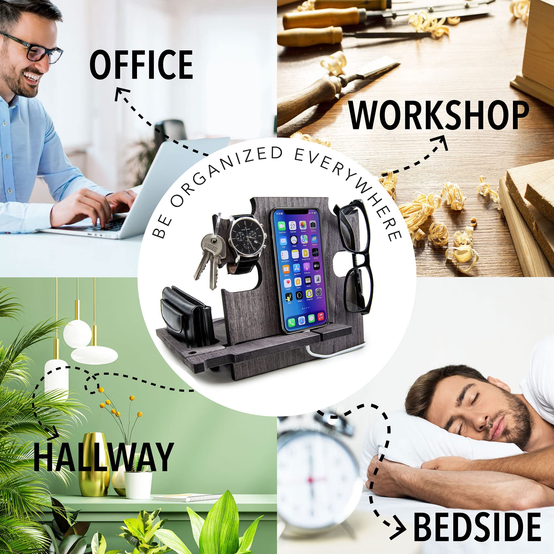 Wireless Charging Phone Dock Stand for Nightstand - Fast Qi Charger with Alarm Clock & Organizer (Slate Grey) - Perfect for Bedroom, Office & Travel