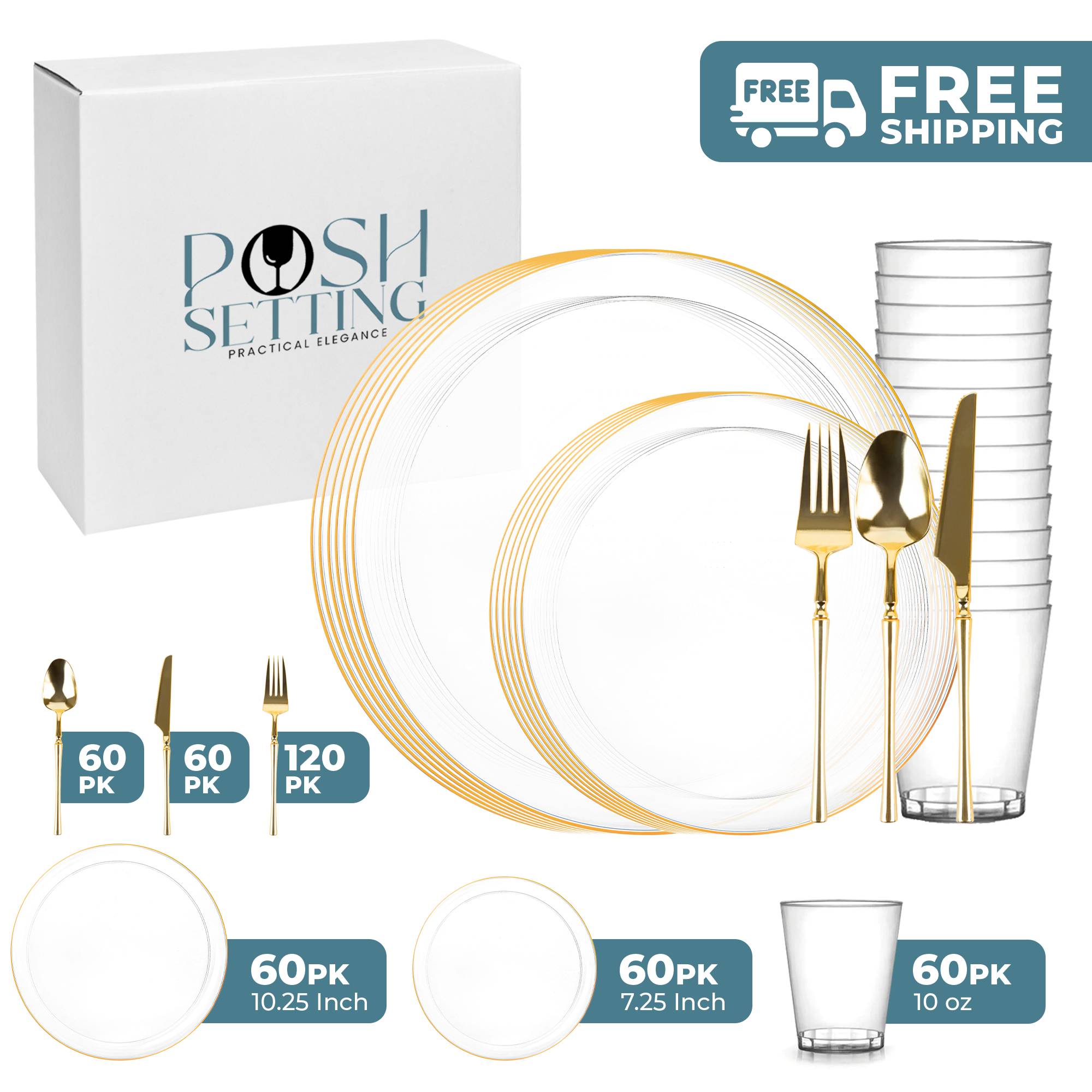 Luxury Clear & Gold Plastic Party Supplies Bundle - Elegant Disposable Tableware for Weddings, Birthdays & Celebrations