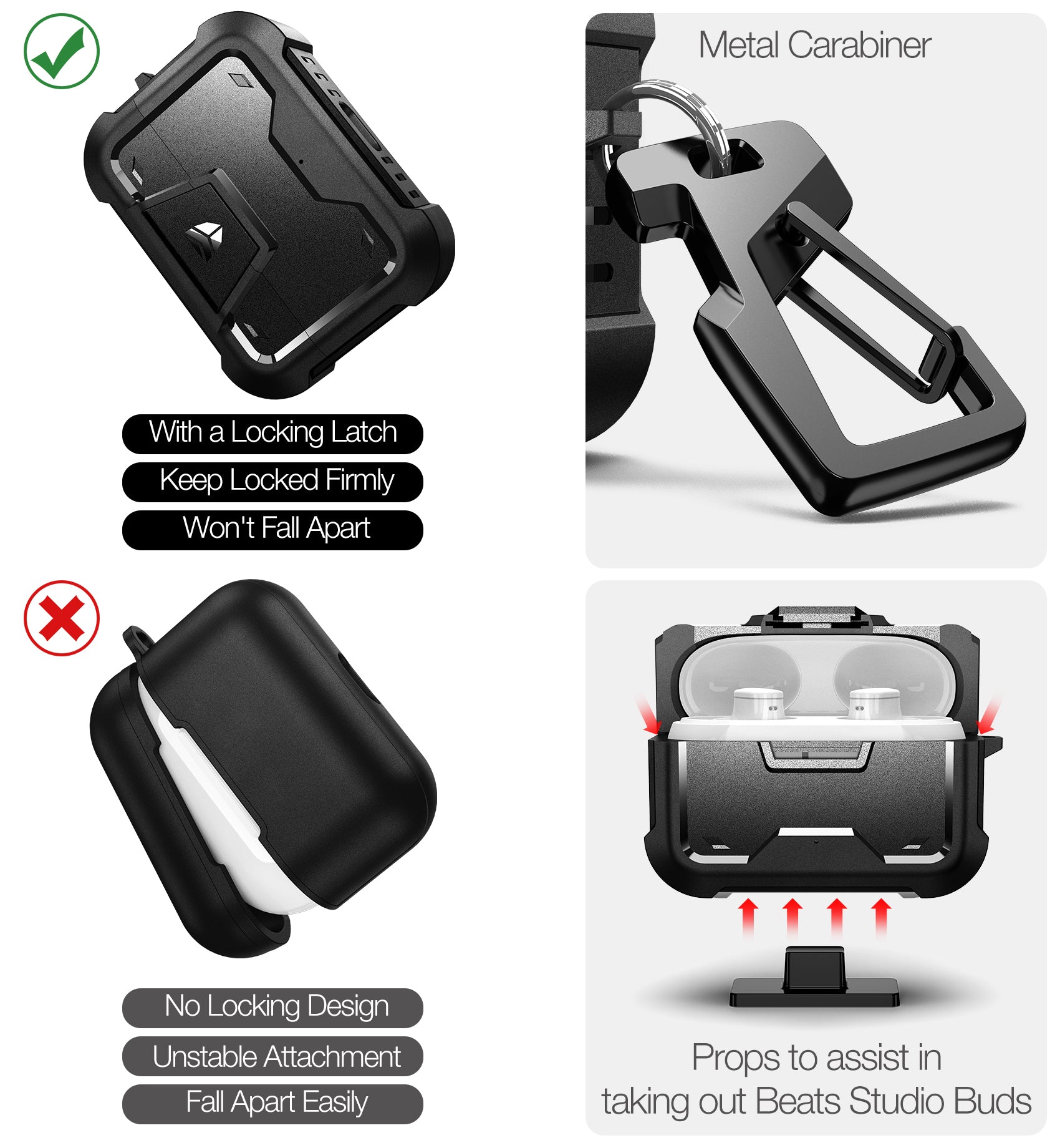 Dexnor Shockproof Rugged Earphone Case for Beats Studio Buds 2021 & Buds+ 2023 - Secure Lock & Carabiner Clip Full Body Protection - Perfect for Travel, Sports, and Outdoor Activities