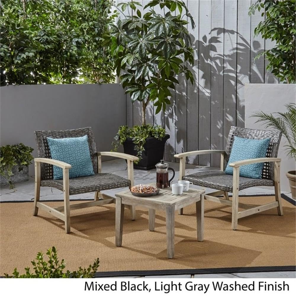 Noble House Hampton 3-Piece Outdoor Patio Furniture Set - Black Wood & Wicker Conversation Set for Garden, Poolside, or Backyard Relaxation