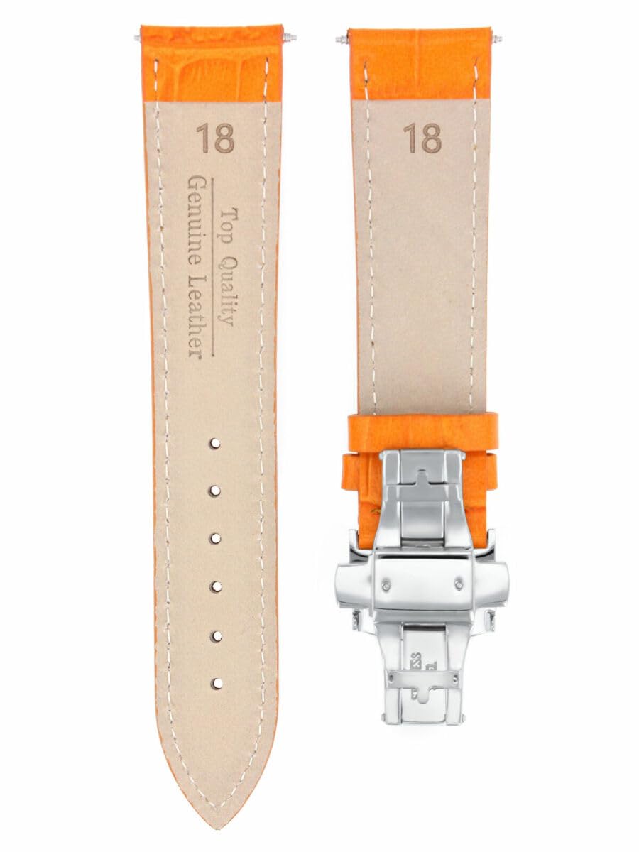 18mm Genuine Leather Watch Band Strap - Compatible with Tissot Quickster Watches - Orange Deployment Clasp - Durable & Stylish Replacement for Everyday Wear & Sports