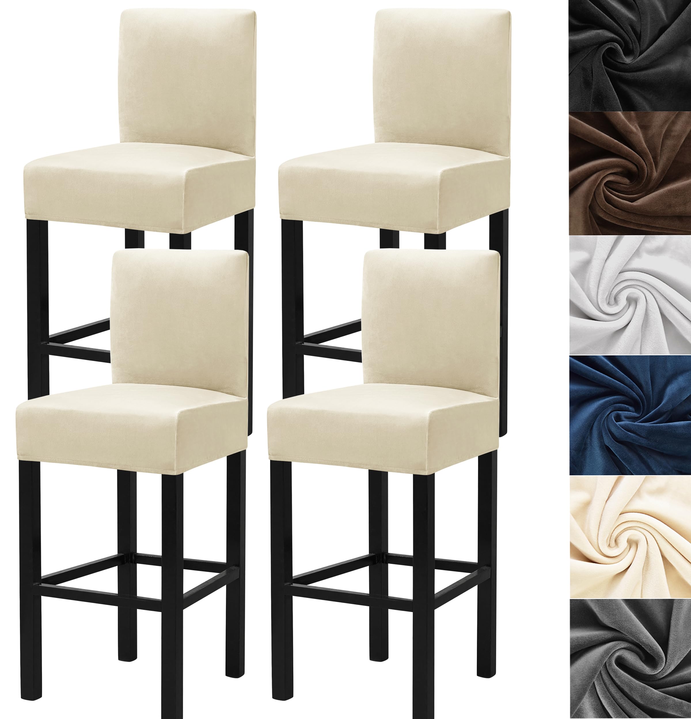 4-Pack Stretch Velvet Bar Stool Covers with Backs & Elastic Bands - Washable Seat Covers for Bar Chairs, High Chairs & Counter Stools - Perfect for Home, Kitchen, Restaurant & Cafe Decor (Beige)