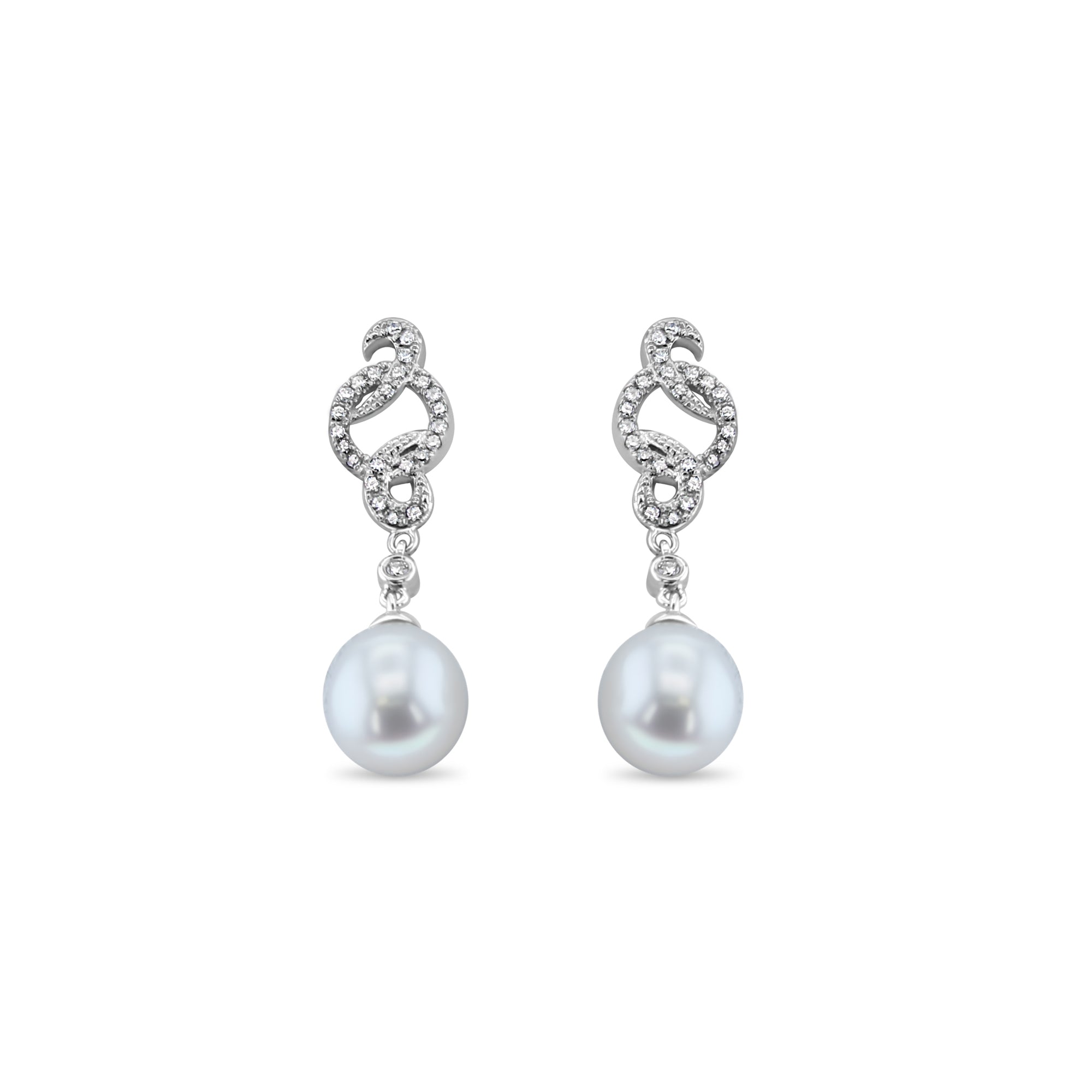 14K White Gold Diamond Pave & Pearl Drop Earrings .21cttw - Elegant Dangle Earrings for Weddings, Parties & Special Occasions