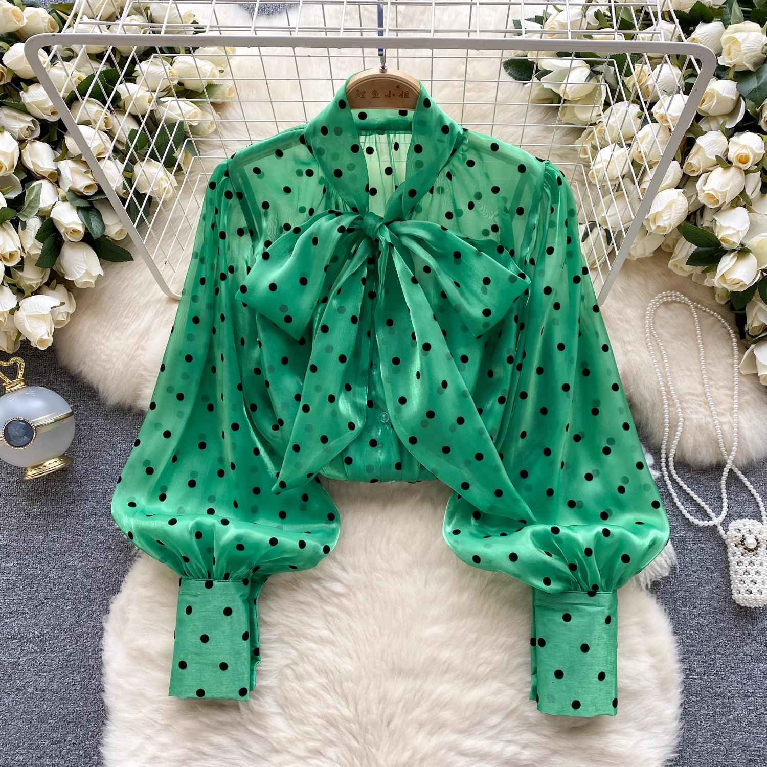 French Style Polka Dot Blouse with Puff Sleeves & Bow Detail - Women's Elegant Casual Top (L12) | Perfect for Office Wear, Date Nights & Spring Outfits