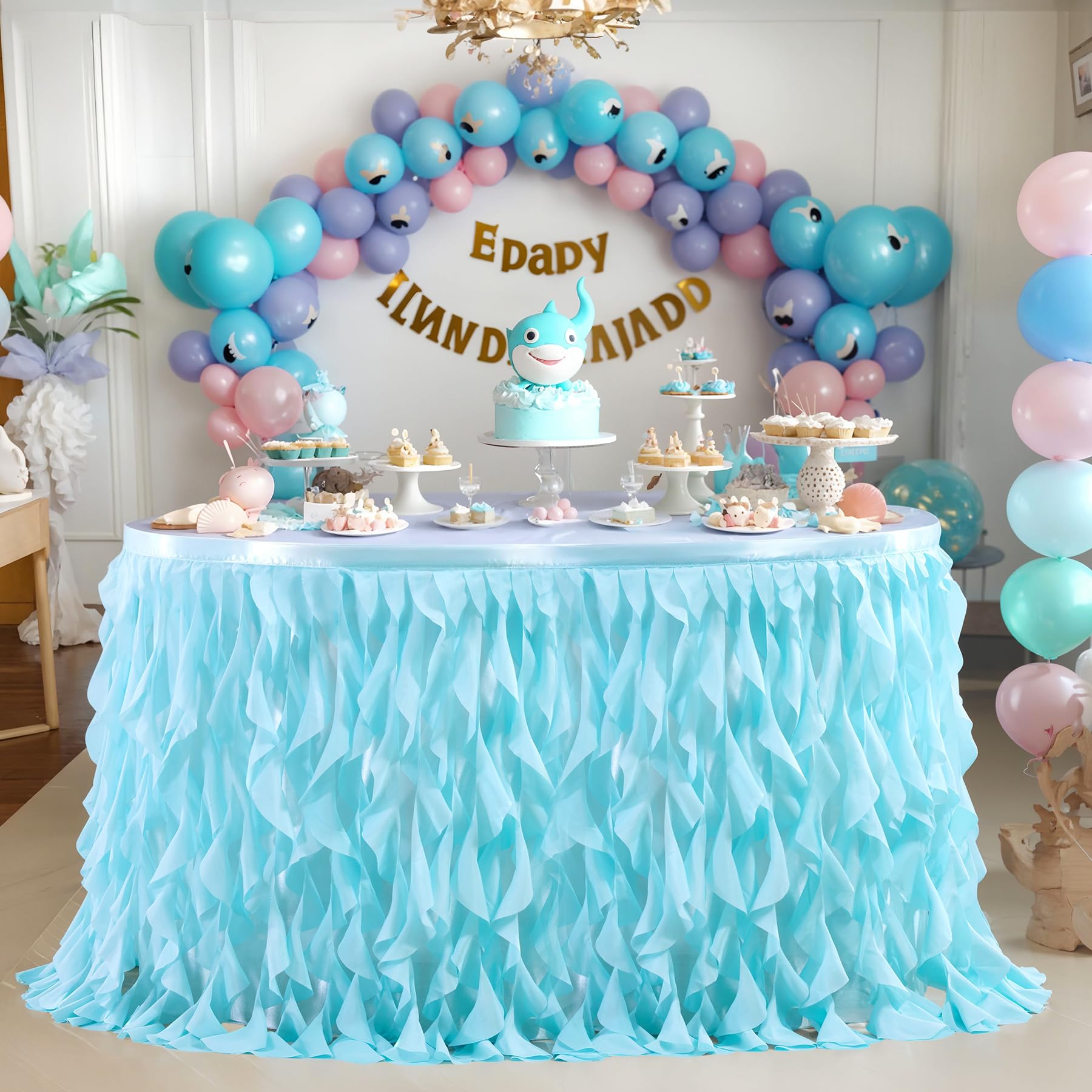 PARTISKY 9ft Aqua Blue Tulle Curly Willow Table Skirt - Ruffled Tutu Tablecloth for Rectangle Tables | Baby Shower, Birthday Party, Wedding, Candy Buffet & Cake Table Decor | Elegant Party Table Cover for Special Events