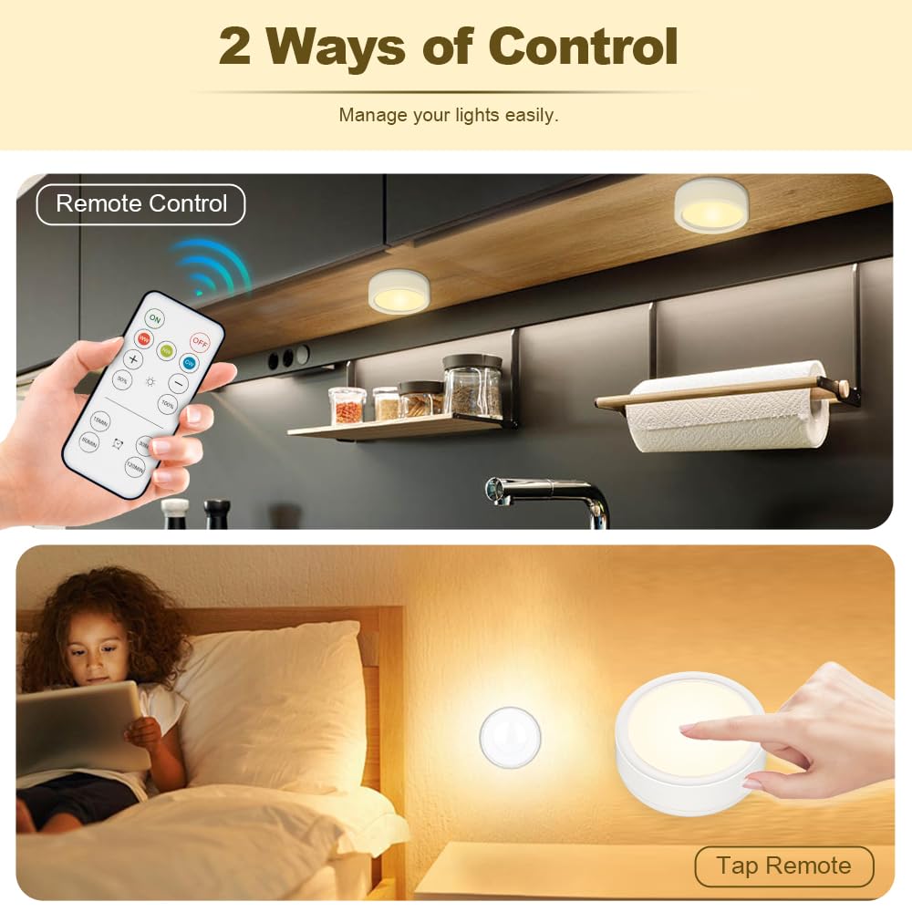 Rechargeable Under Cabinet LED Puck Lights - Wireless Battery Operated with Remote Control, Magnetic Kitchen Counter Lights, Tap Push Stick-on Closet Lighting for Shelves | Perfect for Kitchen, Pantry, Wardrobe & Display Cabinets