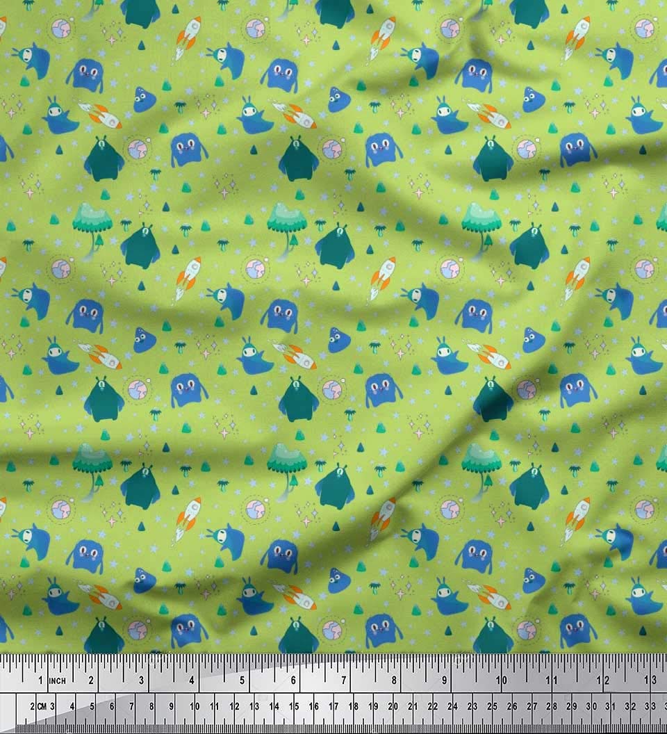 Soimoi 100% Cotton Voile Fabric - Green Star Planet Alien Print - 42 Inch Wide by The Yard - Soft Lightweight Material for DIY Dresses, Curtains, Quilting & Galactic Themed Crafts
