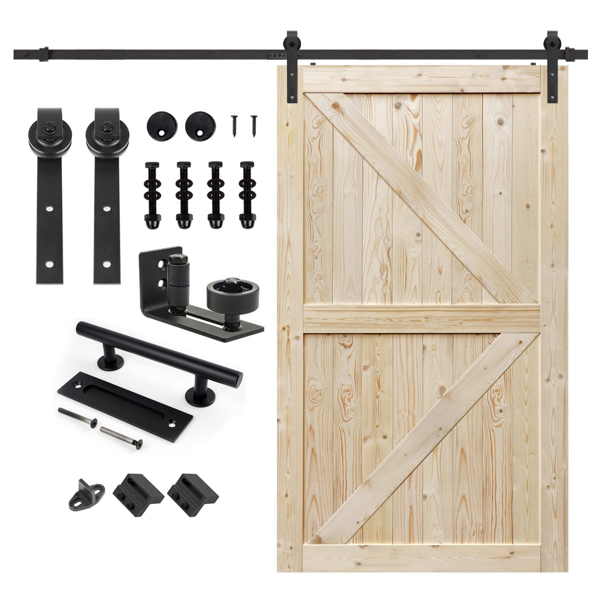 48x80 Inch Unfinished British Brace Knotty Barn Door with 8FT Sliding Hardware Kit - Solid Wood Sliding Door for Bedroom & Living Room - Double Surface Design & Easy Assembly (J-Shape Track Included)