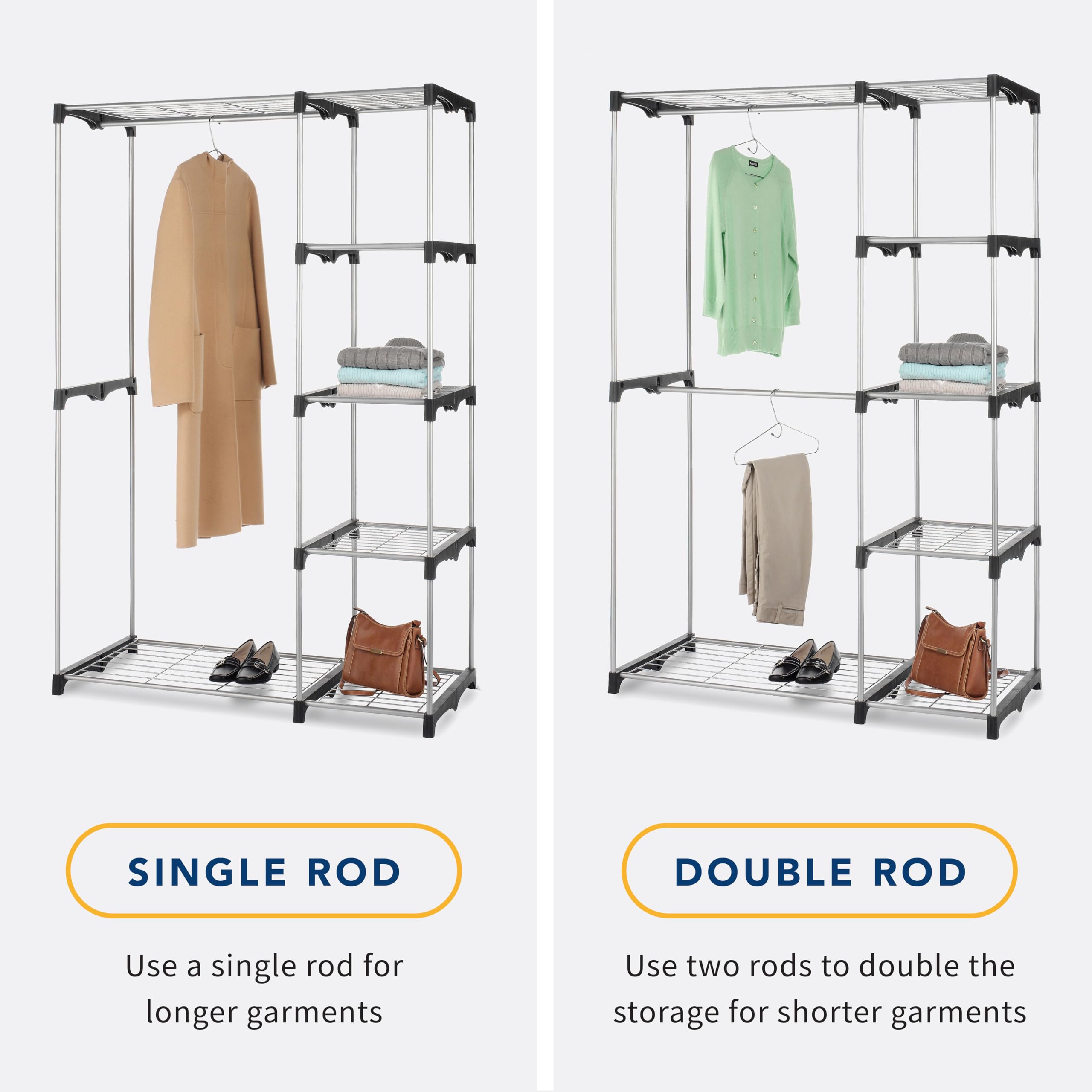 Whitmor Double Rod Freestanding Closet Organizer - Space Saving Clothes Storage System for Bedroom, Walk-in Closet & Dorm Room (Silver)