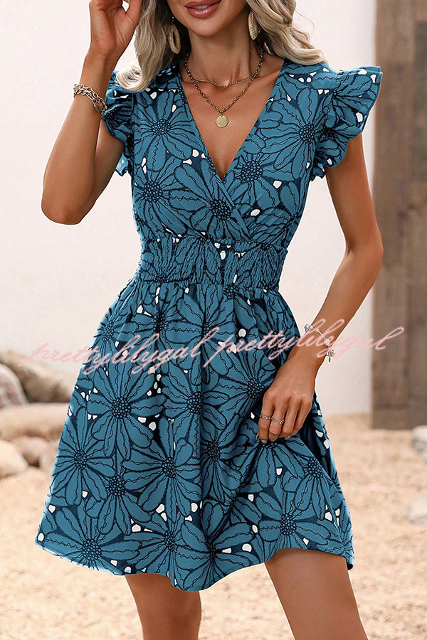 Floral Print Ruffle Sleeve Mini Dress with Elastic Waist - Perfect for Weekend Outings, Brunch Dates & Summer Vacations