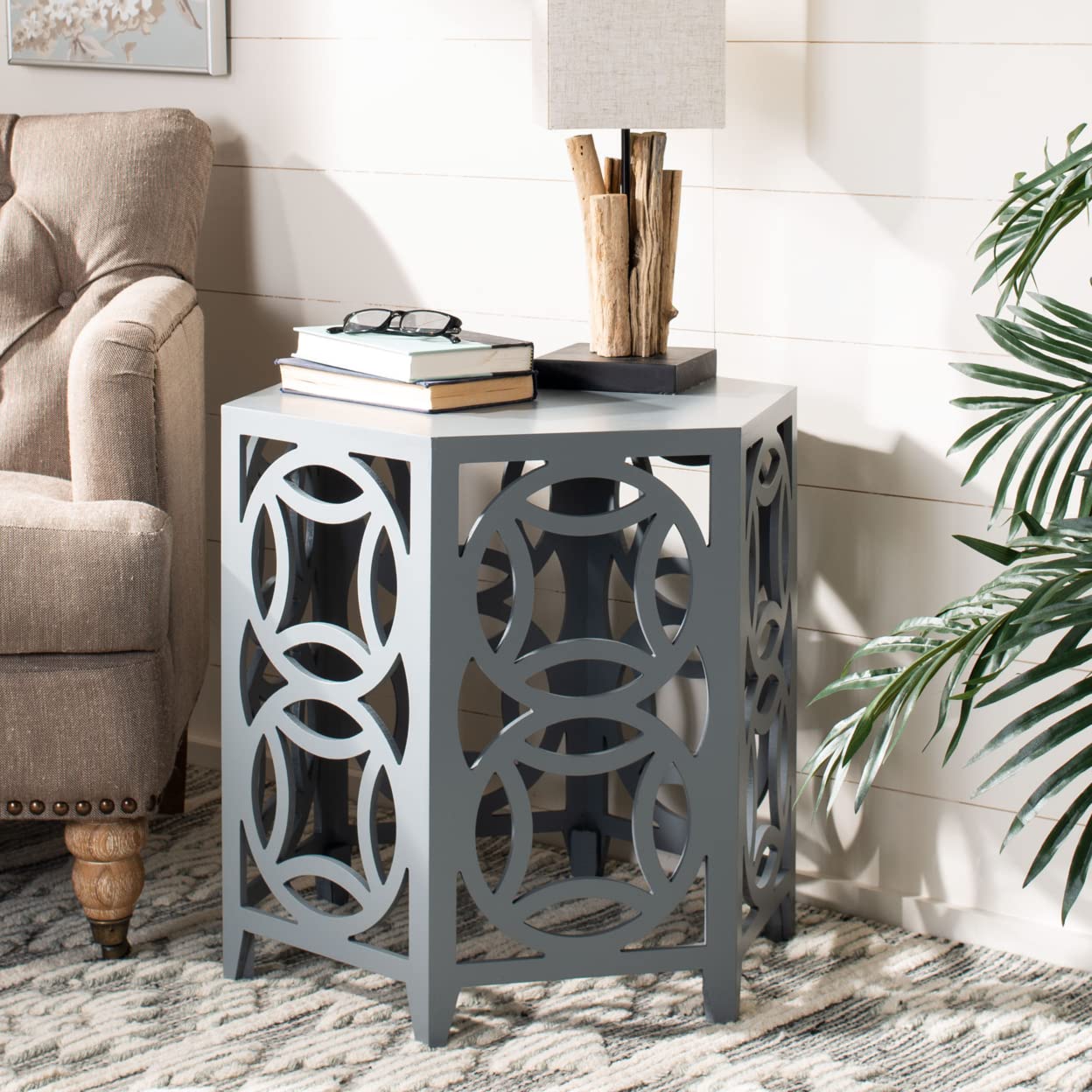 Safavieh American Homes Collection Natanya Pearl Blue Grey Side Table - Stylish End Table for Living Room, Bedroom & Office Decor