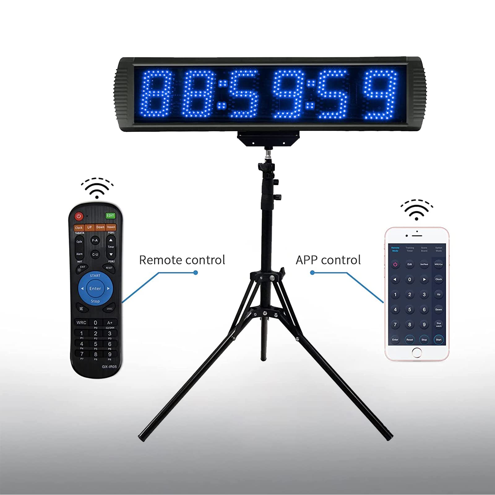GANXIN 5 Inch LED Race Timer with Tripod - Marathon Countdown Clock, Gym Stopwatch with Wireless Remote & APP Control, 5-Level Brightness Adjustment (Blue) - Perfect for Running Events, Track Meets & Fitness Training