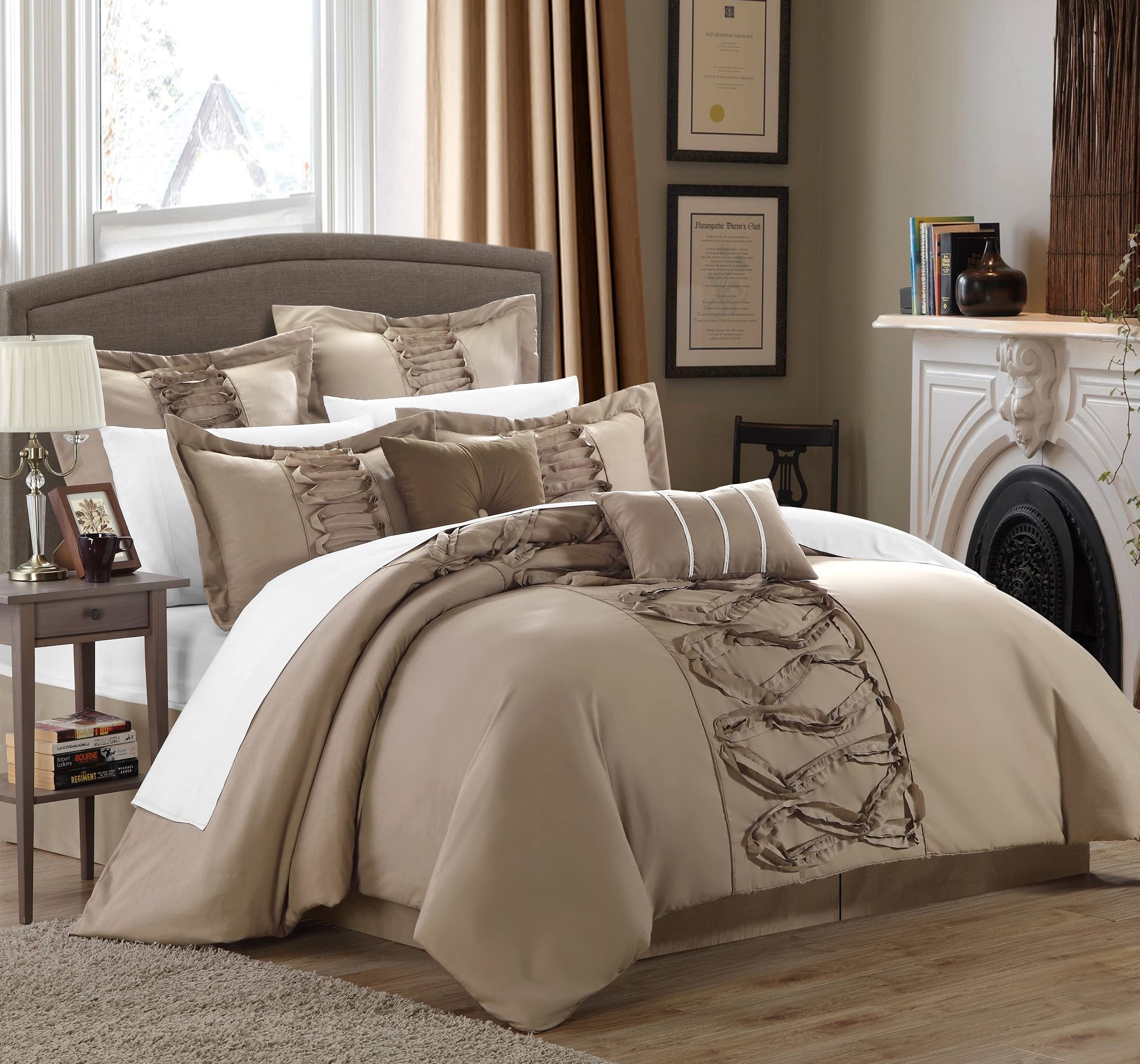 Chic Home 8-Piece Ruth Ruffled Comforter Set King Size in Taupe - Luxury Bedding for Master Bedroom & Guest Room Decor