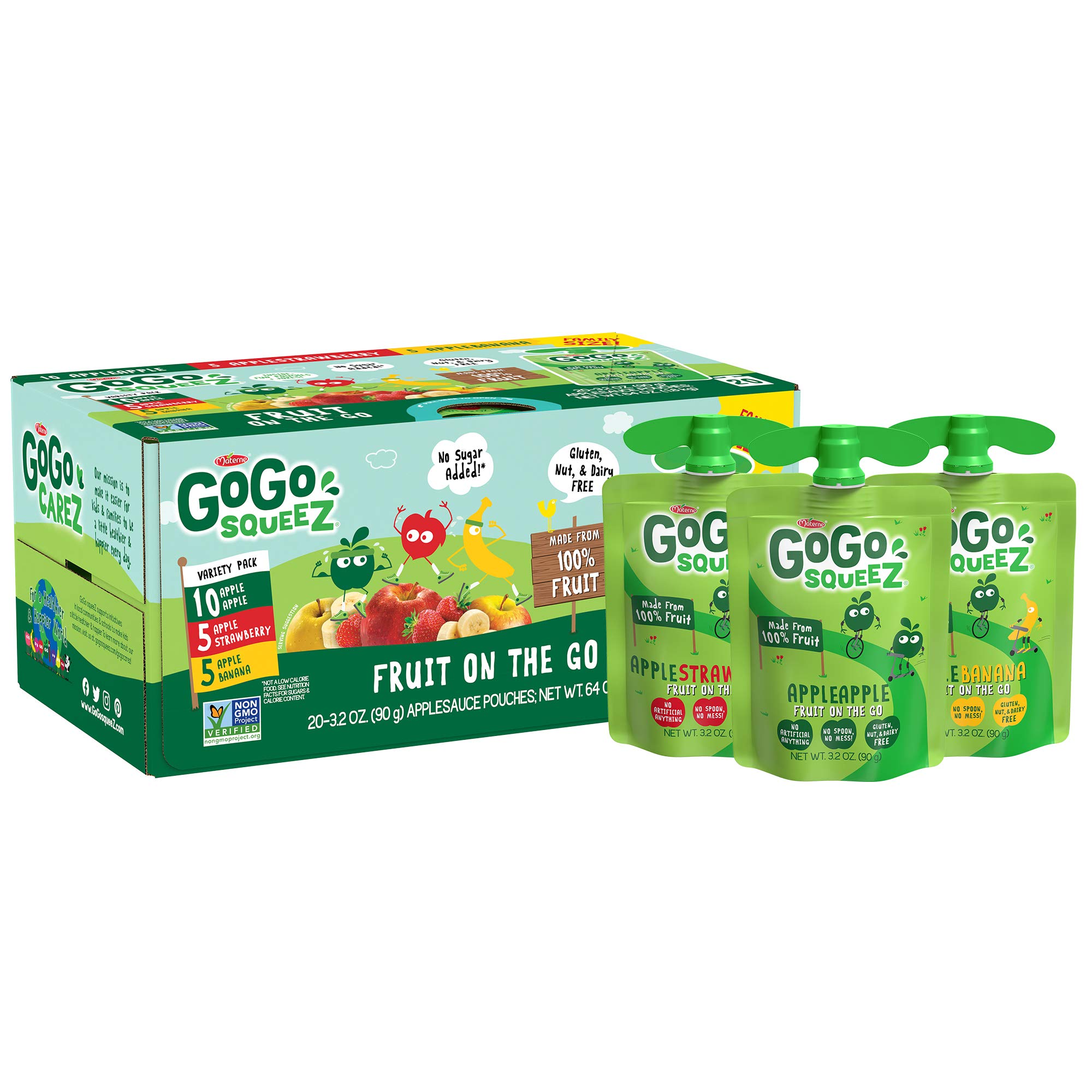 GoGo squeeZ Unsweetened Fruit Pouches - Apple, Banana & Strawberry Variety Pack (20 Count, 3.2 oz Each) | Healthy On-the-Go Snacks for Kids | Perfect for School Lunches, Road Trips & After-School Activities
