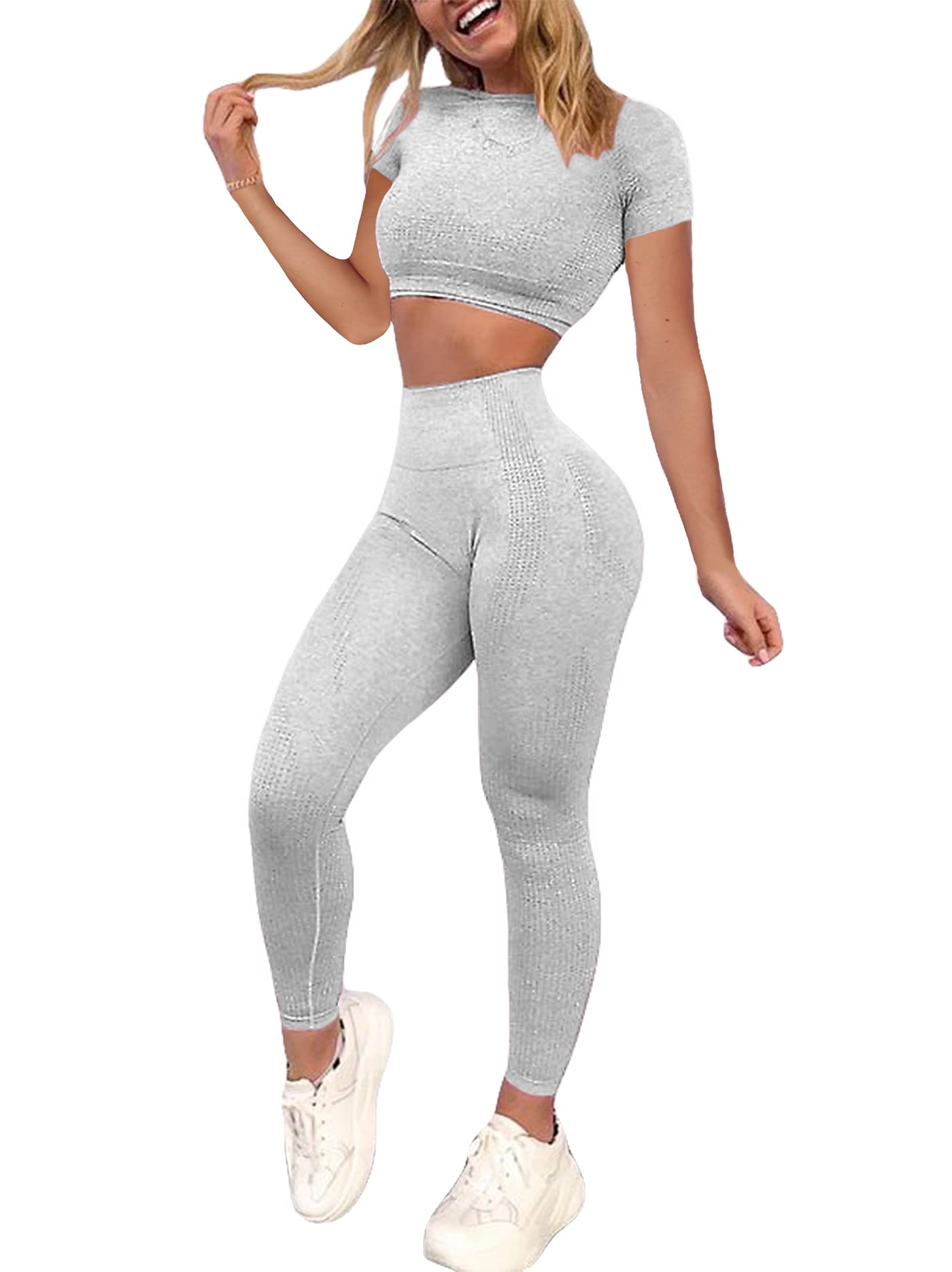 Seamless High Waist Yoga Pants & Long Sleeve Crop Top 2-Piece Workout Set for Women - Perfect for Gym, Yoga & Fitness Training
