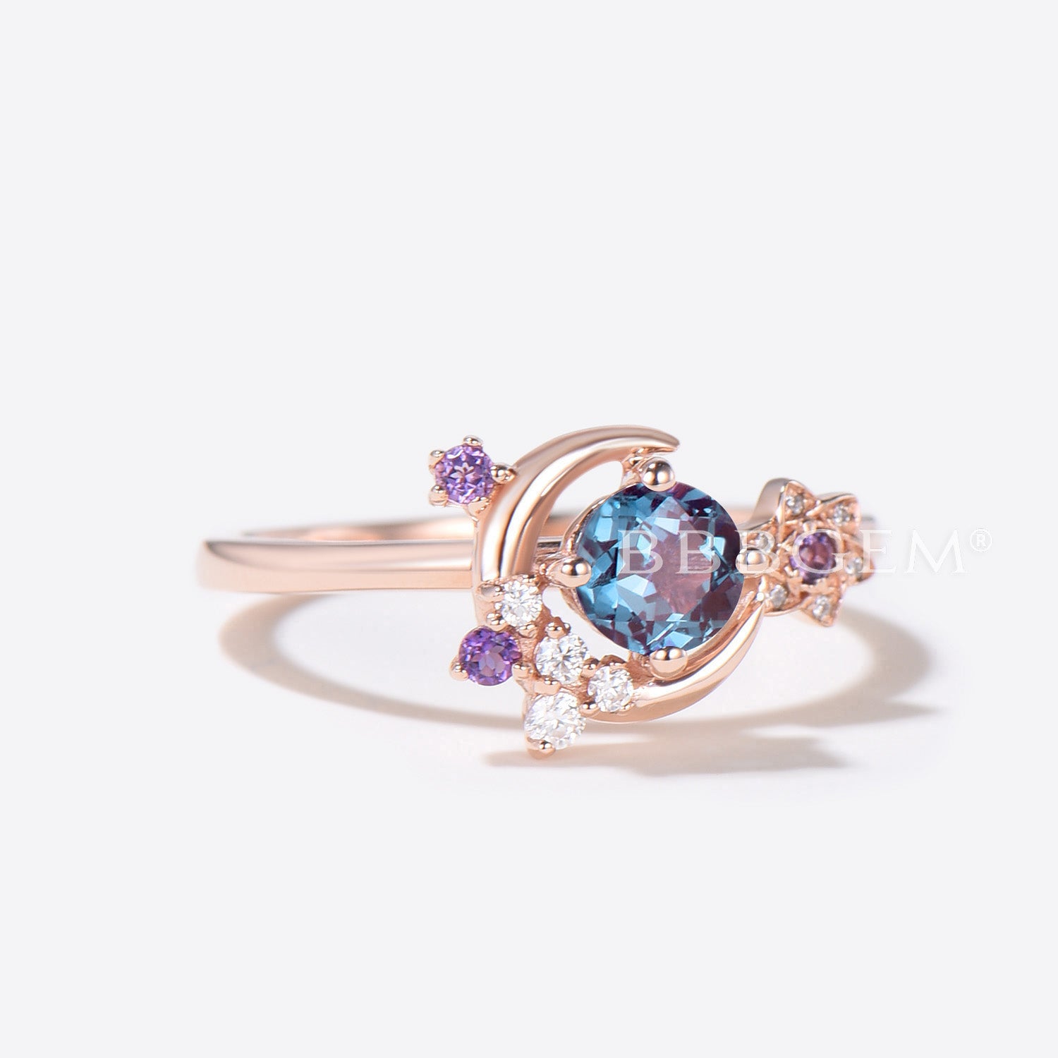 Moon Engagement Ring - Round Alexandrite & Amethyst Wedding Band for Women | Perfect for Proposals, Anniversaries & Romantic Occasions