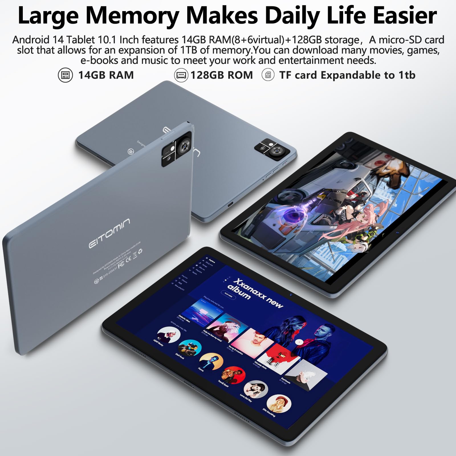 2025 Latest 10 Inch Android 14 Tablet with 4G LTE & Dual SIM Slots - 128GB ROM + 14GB RAM, Octa-Core Processor, 1TB Expandable Storage - 5G WiFi, 13MP+8MP Cameras, 7000mAh Battery, BT5.0, GPS - Includes Keyboard, Mouse & Stylus (Grey) - Perfect for Work, Study & Entertainment On-The-Go