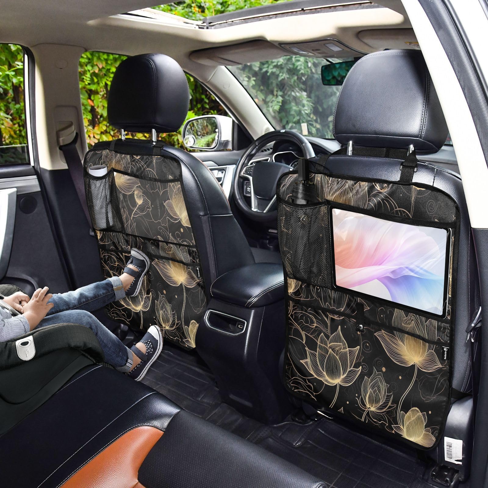 Golden Lotus Black Car Seat Protector with Storage Pockets - Waterproof Back Seat Cover with Kick Mats - Universal Fit for Cars, SUVs & Trucks - Protect Seats from Kids, Pets & Spills (Perfect for Family Road Trips & Daily Commute)